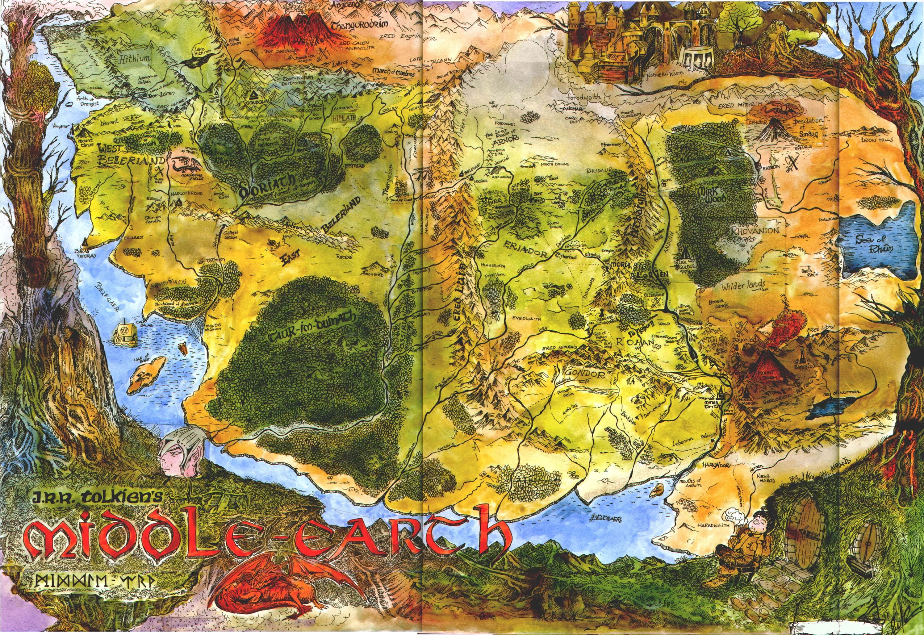 Middle Earth, hand-drawn fantasy map, vibrant colors, 2K Desktop Wallpaper