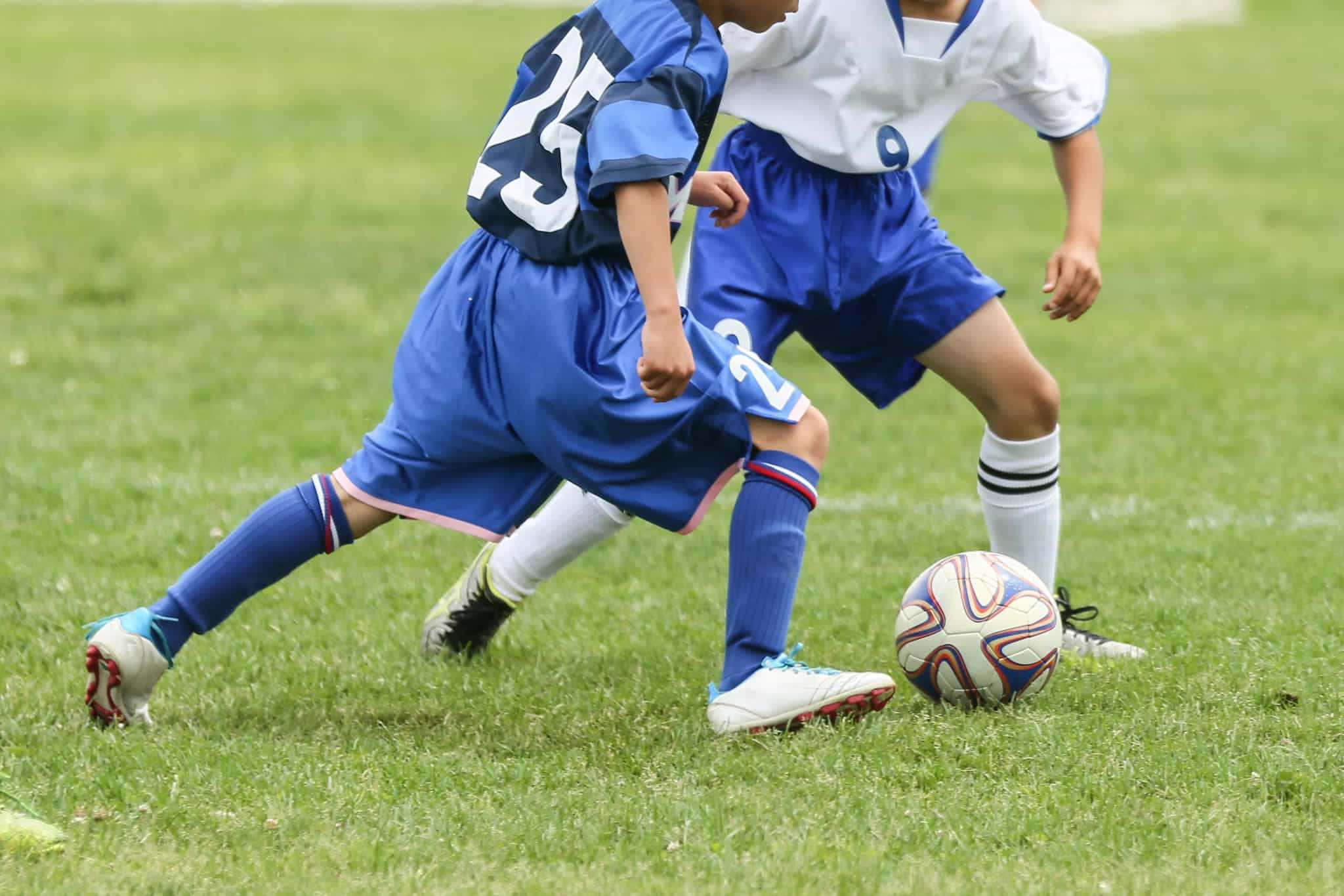 youth soccer midfielders, blue and white uniforms, colorful ball, Full HD Desktop Wallpaper