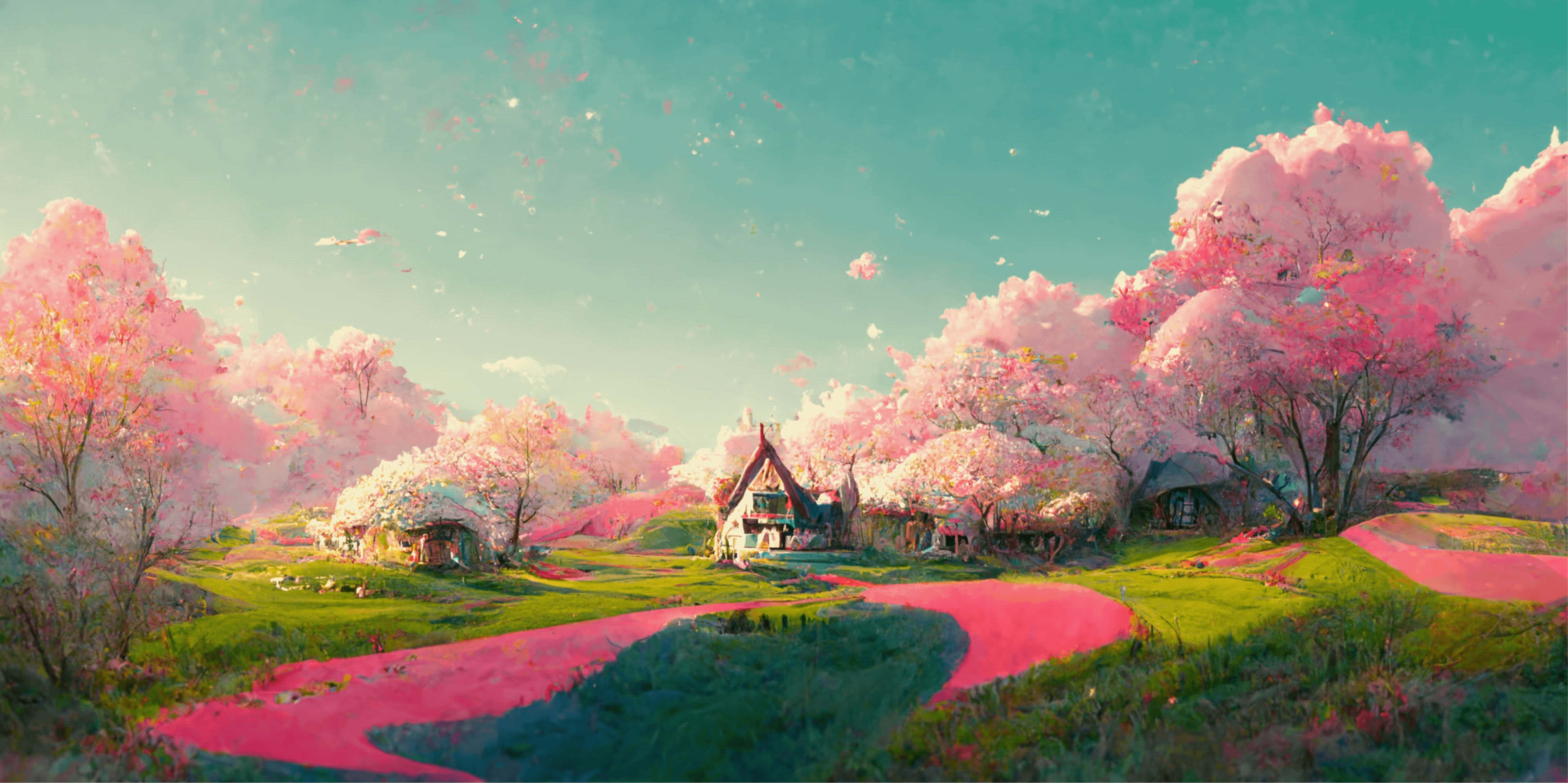 Midjourney, pink cherry blossom trees, winding pink river, 4K Desktop Wallpaper