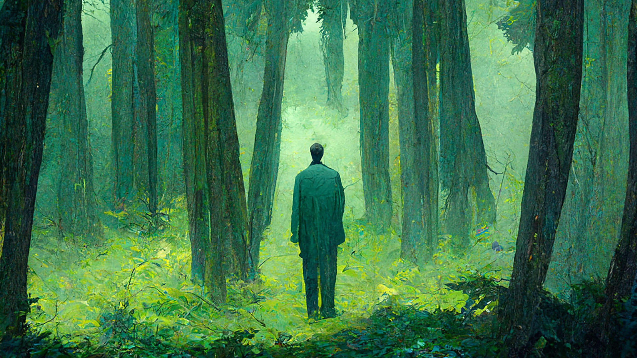 Midjourney, 2560 x 1440, misty green forest, 2K Desktop Wallpaper