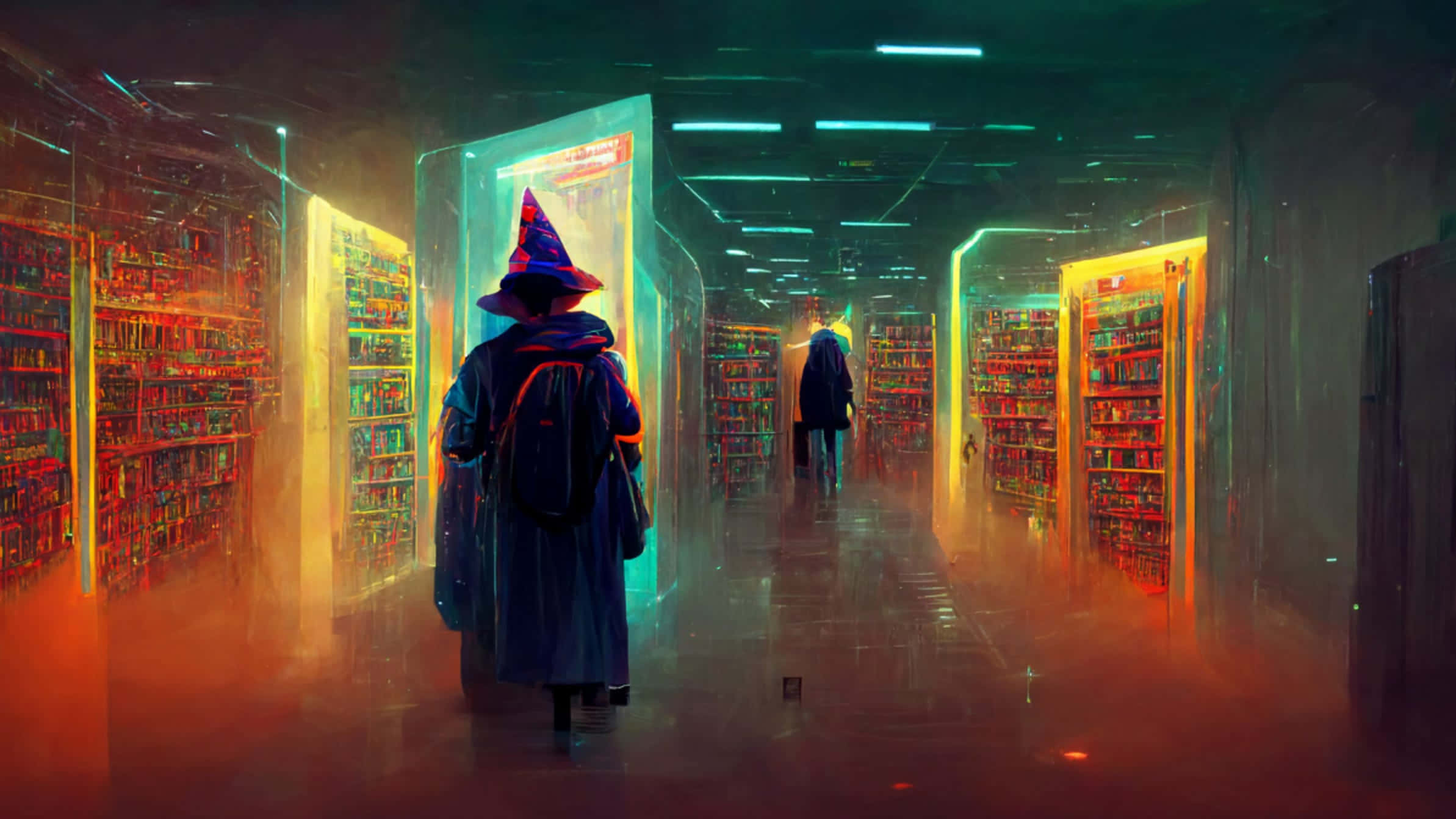 wizard, pointed hat, neon-lit corridor, Full HD Desktop Wallpaper