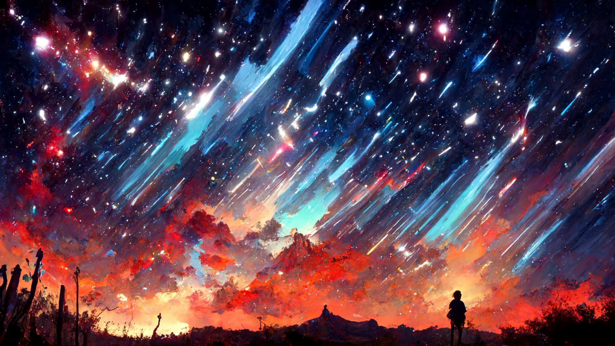 sunset, fiery sunset sky, vibrant blue and red cosmic rays, Full HD Desktop Wallpaper
