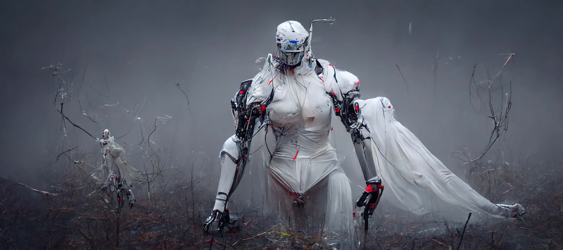 Midjourney, white armored humanoid robot, misty field, Full HD Desktop Wallpaper