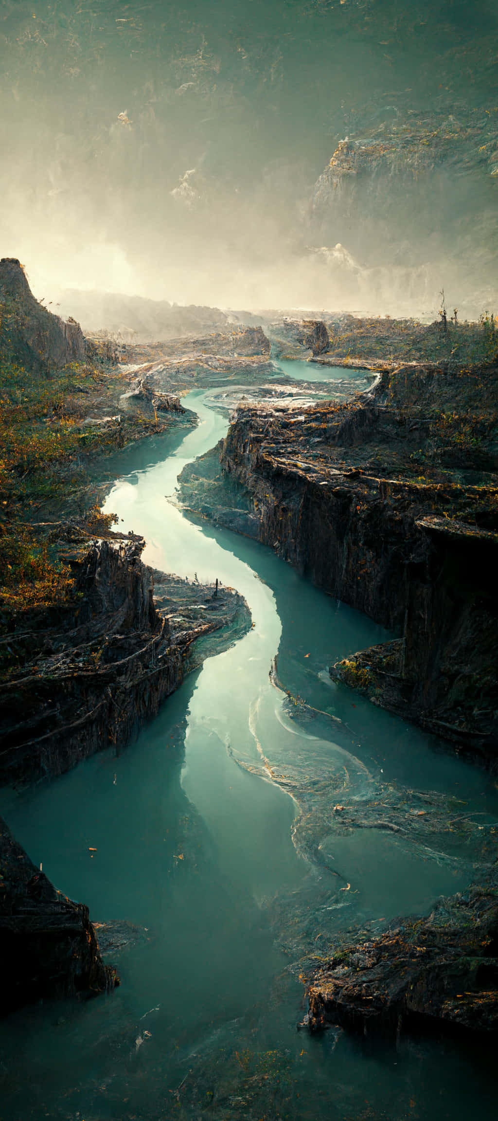 Midjourney, turquoise river, misty canyon, Full HD Phone Wallpaper