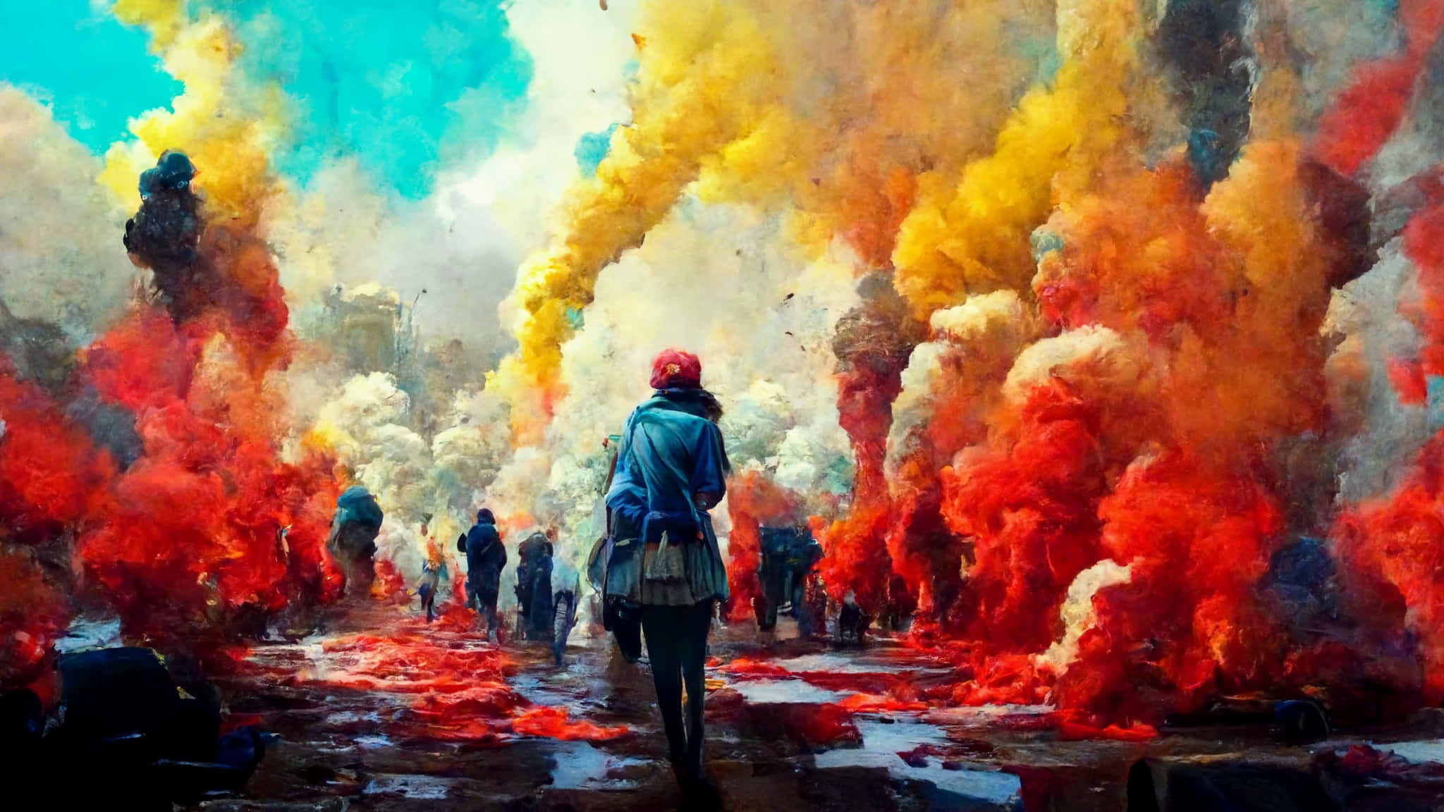 Midjourney, blue coat, surreal street, Full HD Desktop Wallpaper
