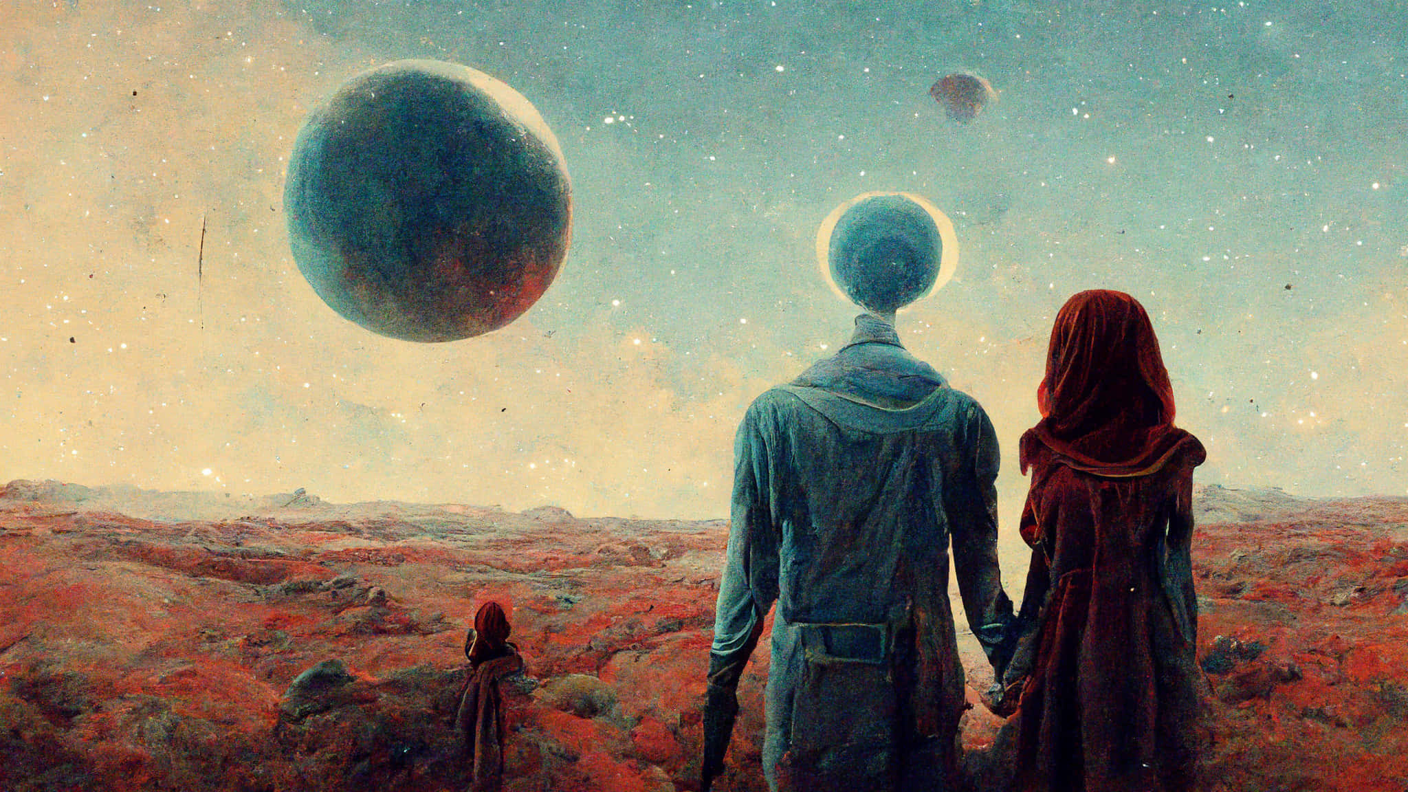 Midjourney, spherical heads, red alien plain, Full HD Desktop Wallpaper