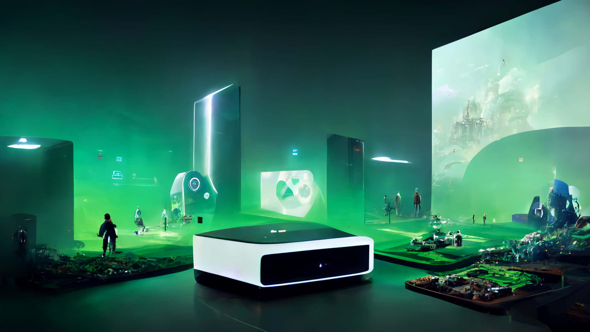 futuristic gaming room, green light, central console, Full HD Desktop Wallpaper