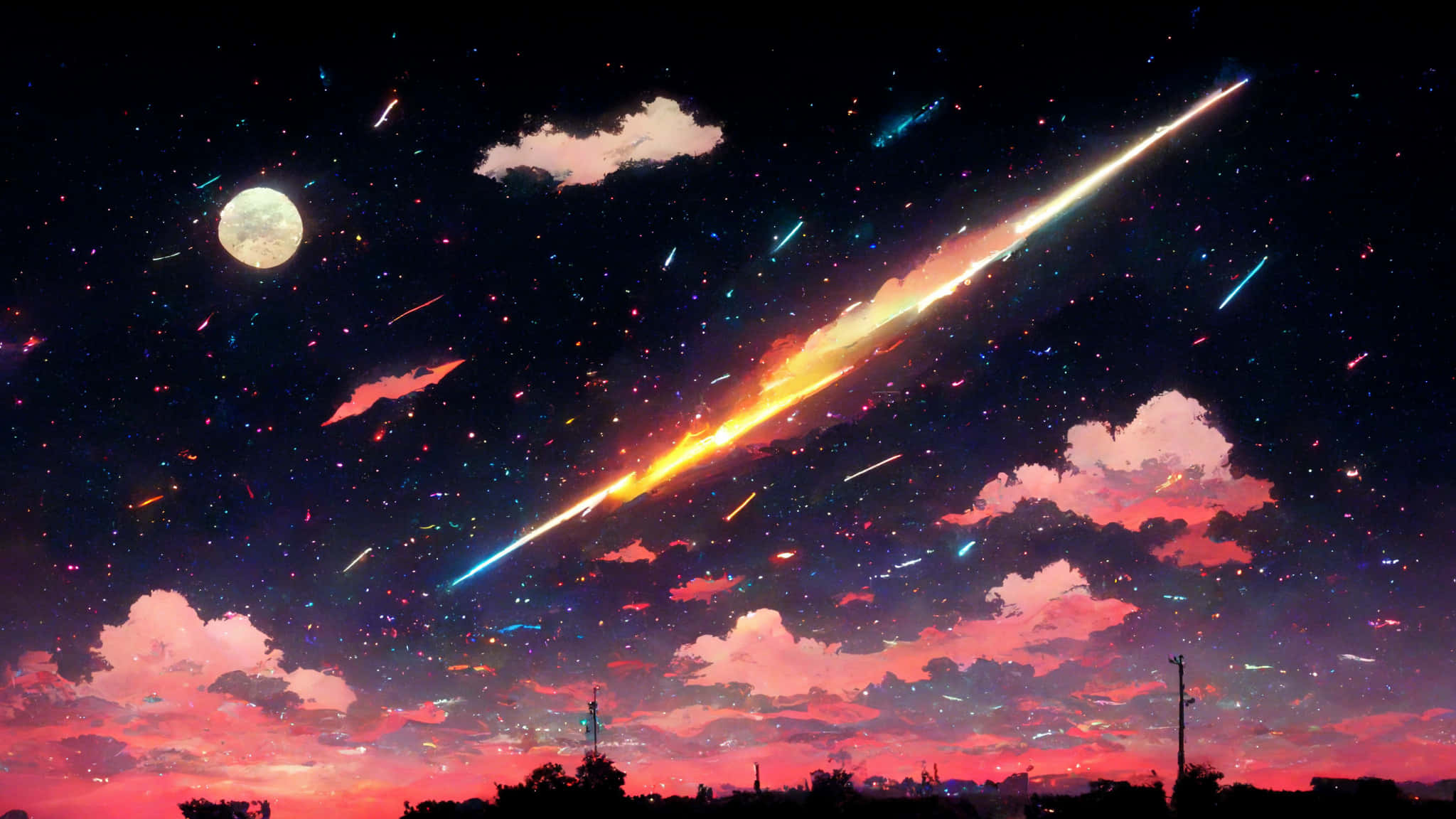 Midjourney, night sky, colorful meteors, Full HD Desktop Wallpaper