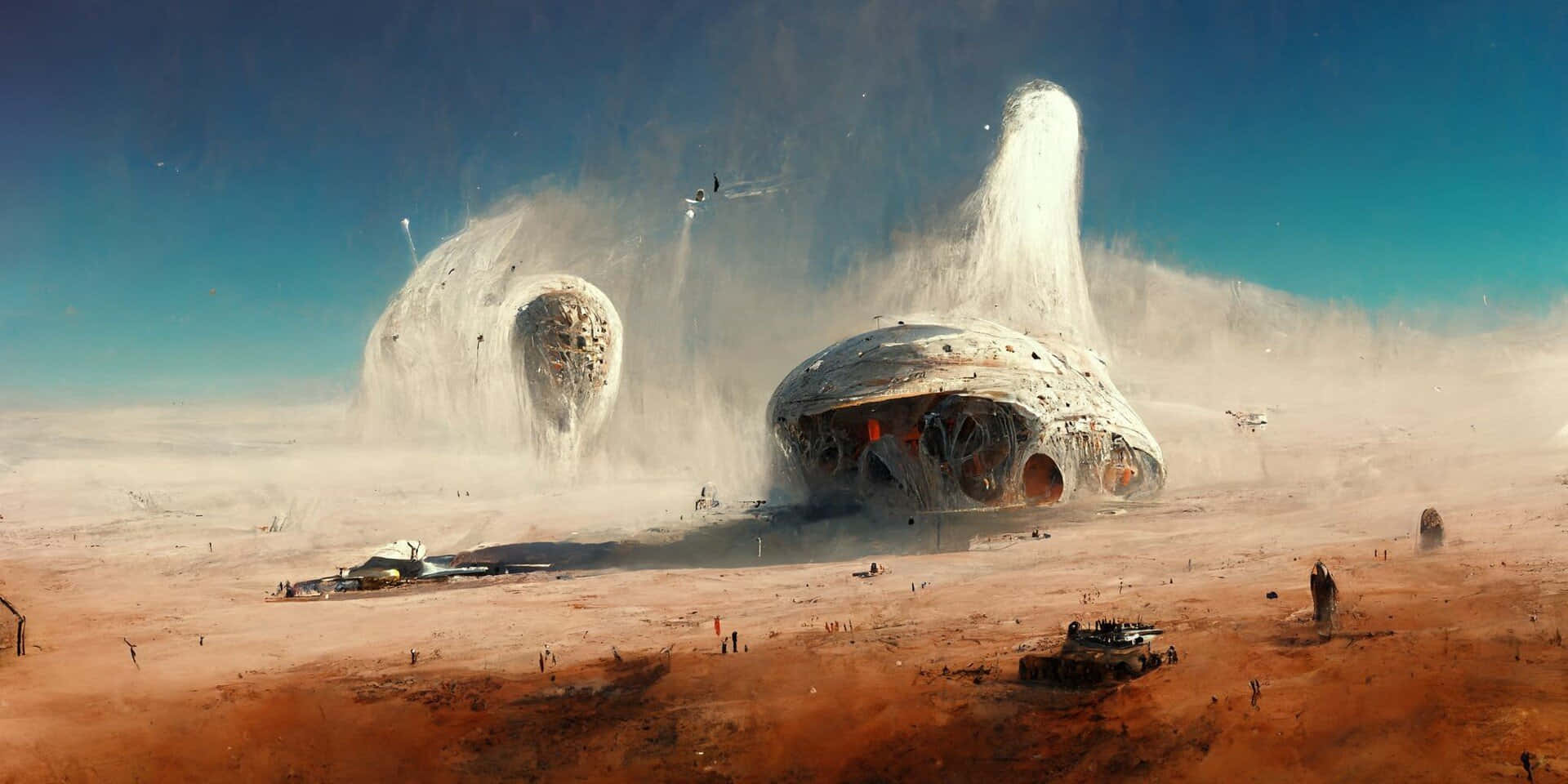 Midjourney, sunset, futuristic dome habitats, Full HD Desktop Wallpaper