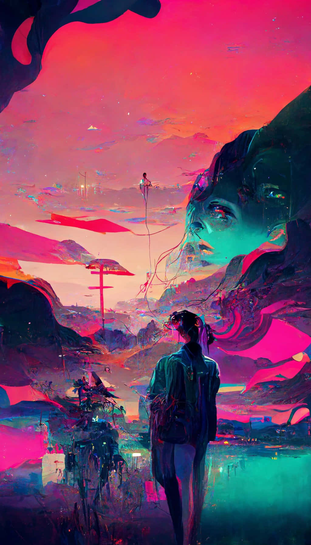 midjourney, neon landscape, pink sky, HD Phone Wallpaper