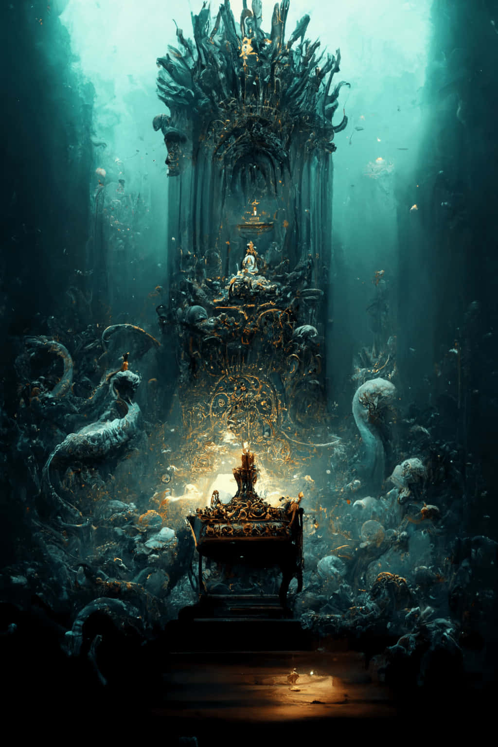 underwater cathedral, golden ornate throne, statues, HD Phone Wallpaper