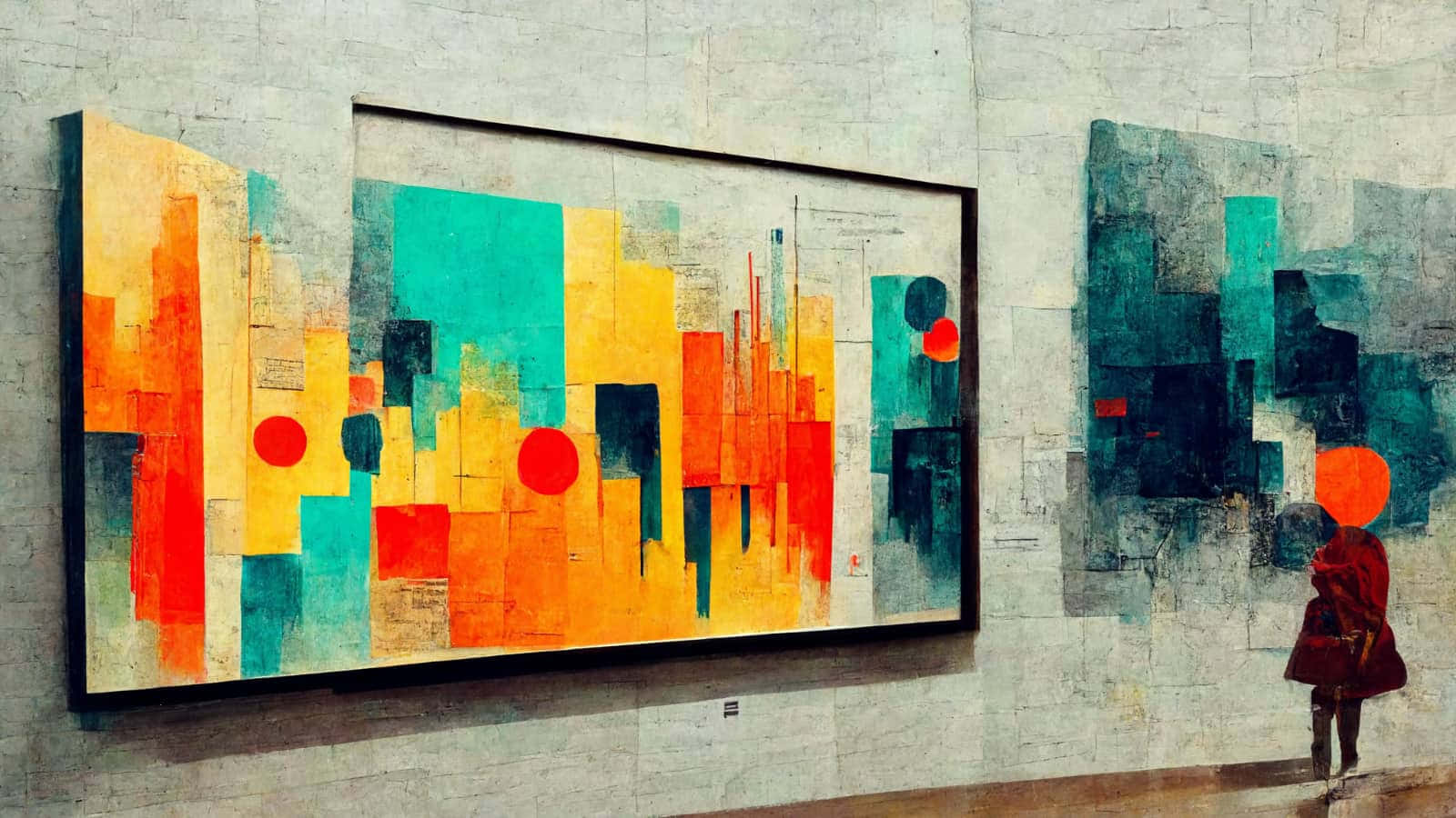 red coat, abstract painting, orange teal and black geometric shapes, HD Desktop Wallpaper