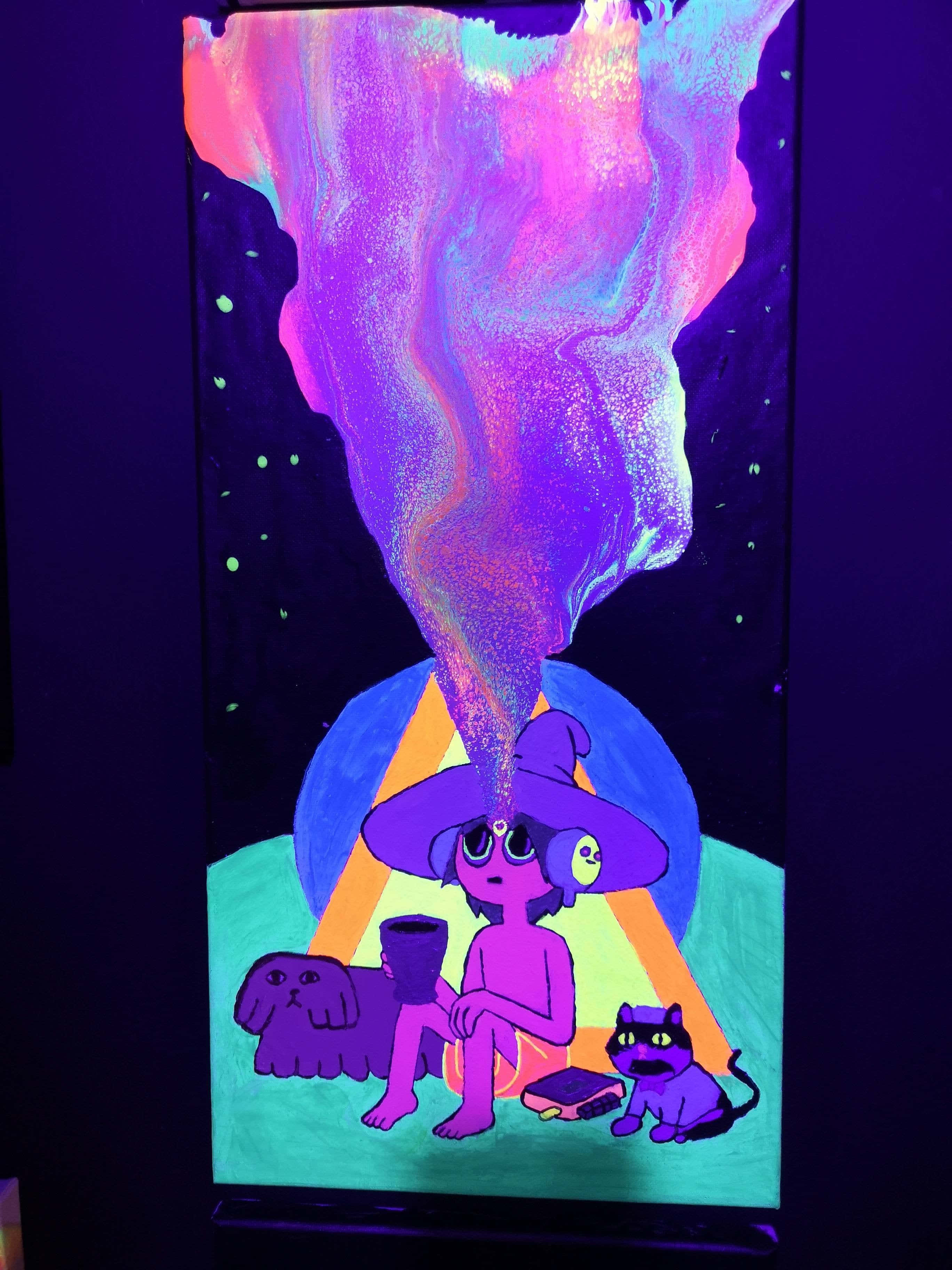 Midnight Gospel Desktop, purple and pink background, glowing purple witch, 2K Phone Wallpaper