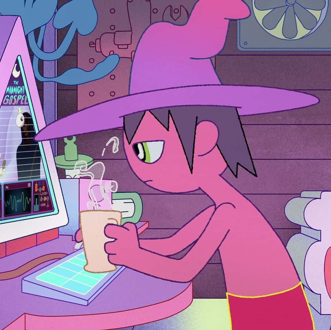 Midnight Gospel Desktop, pink-skinned anime witch, purple hat, SD Desktop Wallpaper