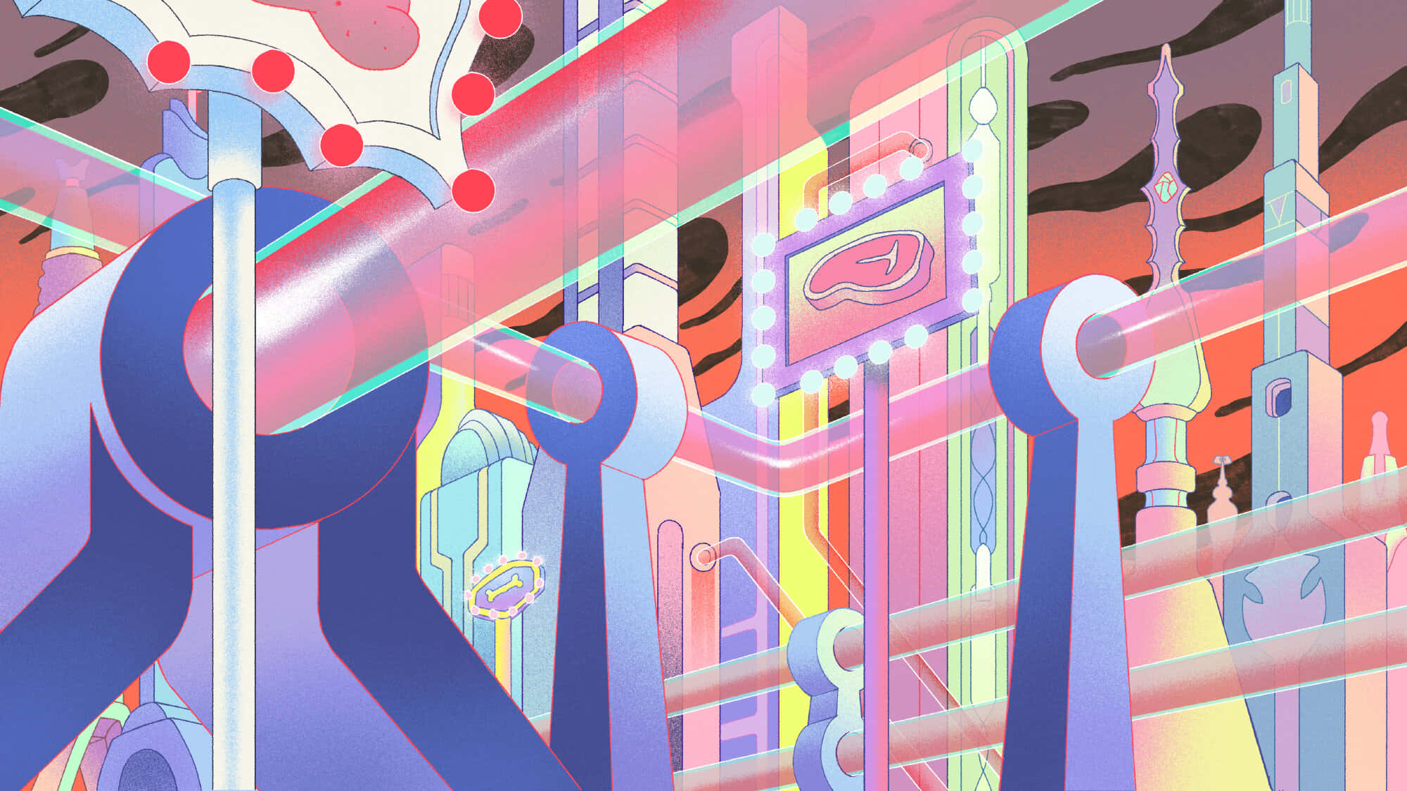 Midnight Gospel Desktop, neon-lit futuristic cityscape, glowing tubes, Full HD Desktop Wallpaper