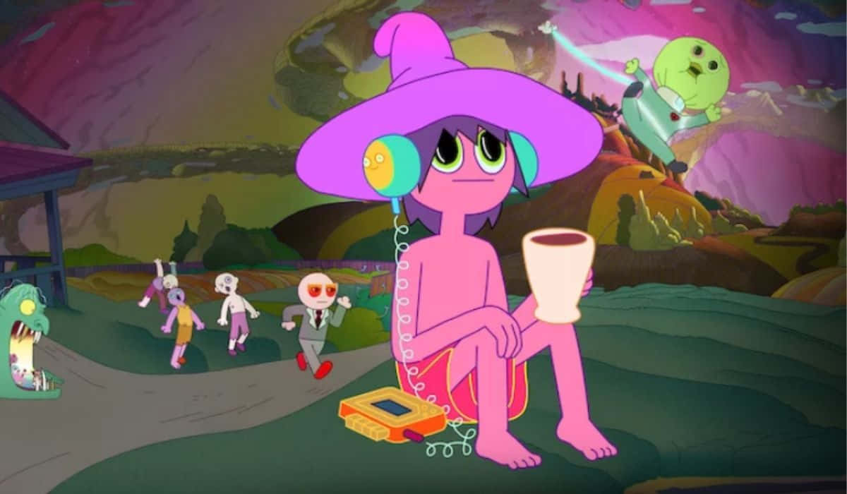 Midnight Gospel Desktop, pink animated witch, giant hat, SD Desktop Wallpaper