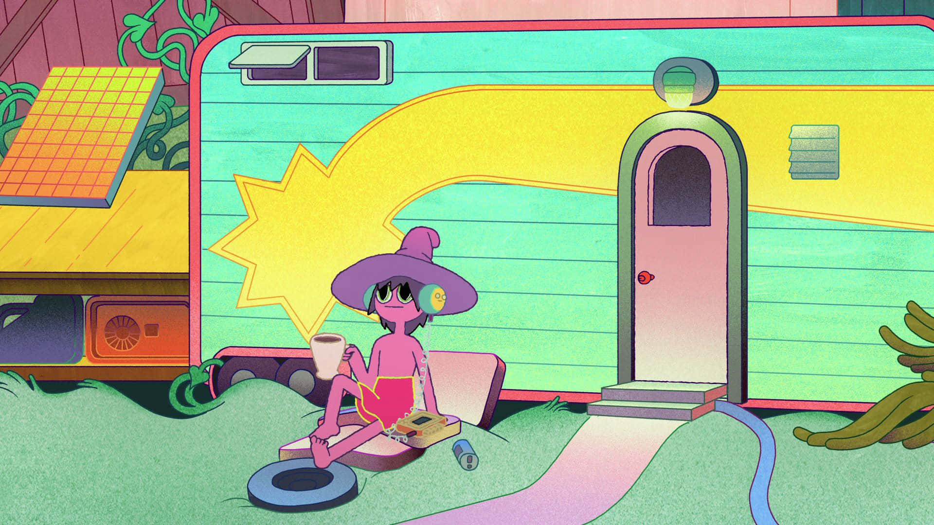 Midnight Gospel, pink-skinned cartoon witch, purple hat, Full HD Desktop Wallpaper