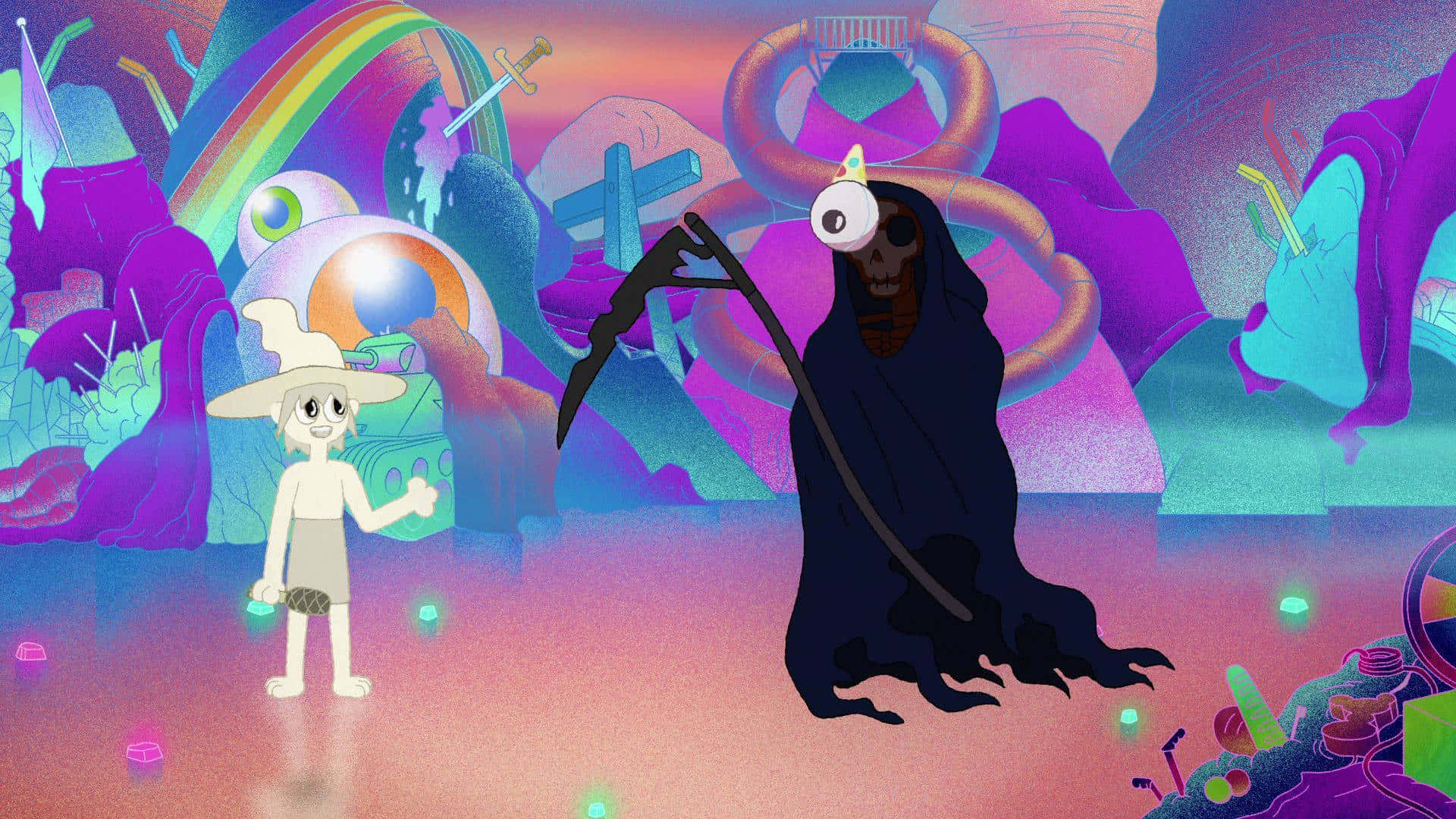 Midnight Gospel Desktop, cartoon witch, whimsical grim reaper, Full HD Desktop Wallpaper