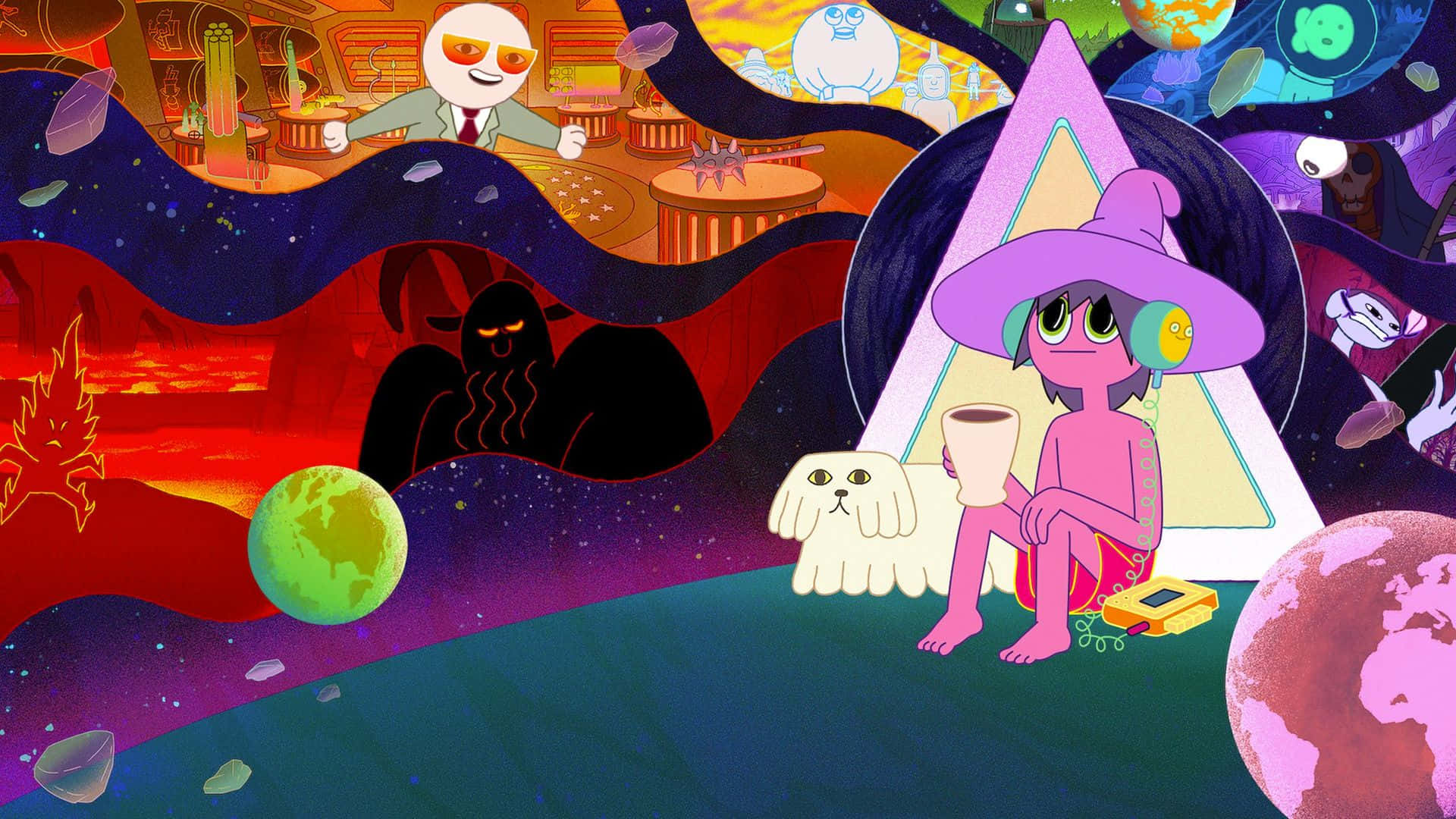 Midnight Gospel Desktop, pink witch, headphones, Full HD Desktop Wallpaper