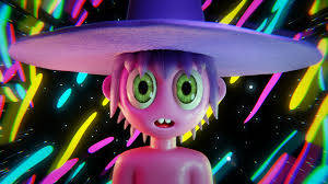 The Midnight Gospel, purple-hatted character, glowing green eyes, SD Desktop Wallpaper