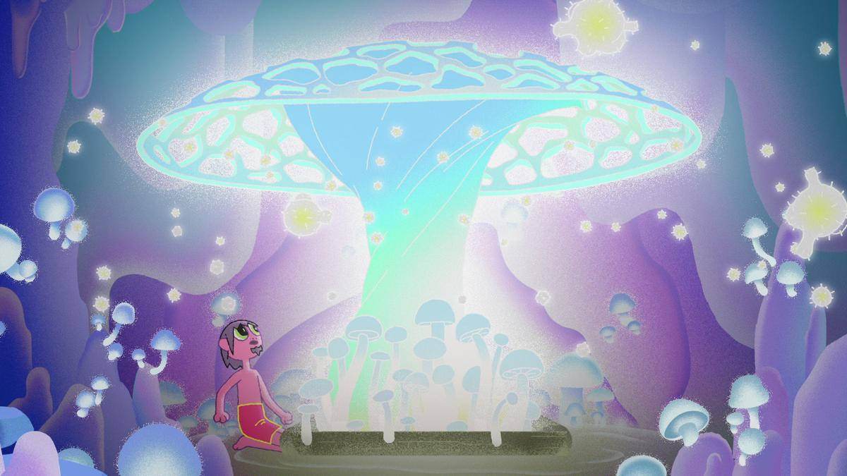 The Midnight Gospel, glowing blue mushroom, mystical purple cavern, SD Desktop Wallpaper