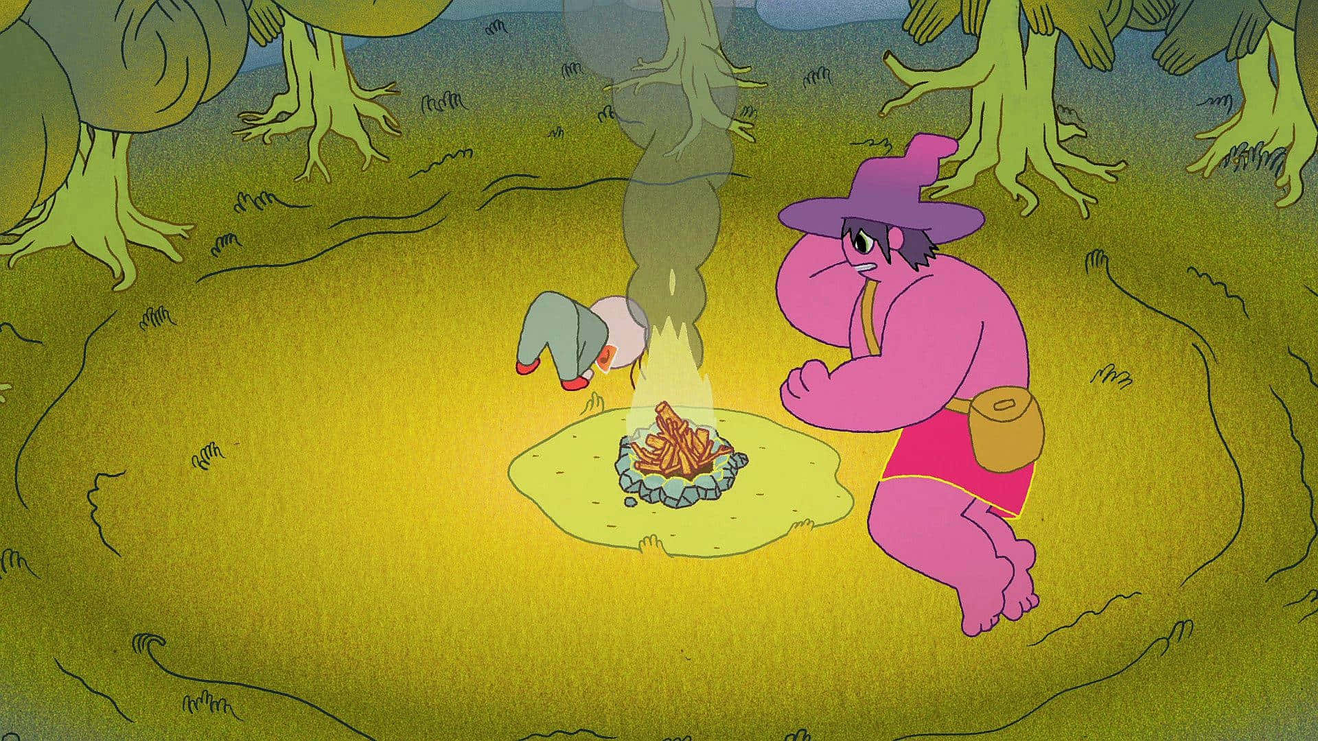 Midnight Gospel Desktop, pink cartoon witch, campfire, Full HD Desktop Wallpaper