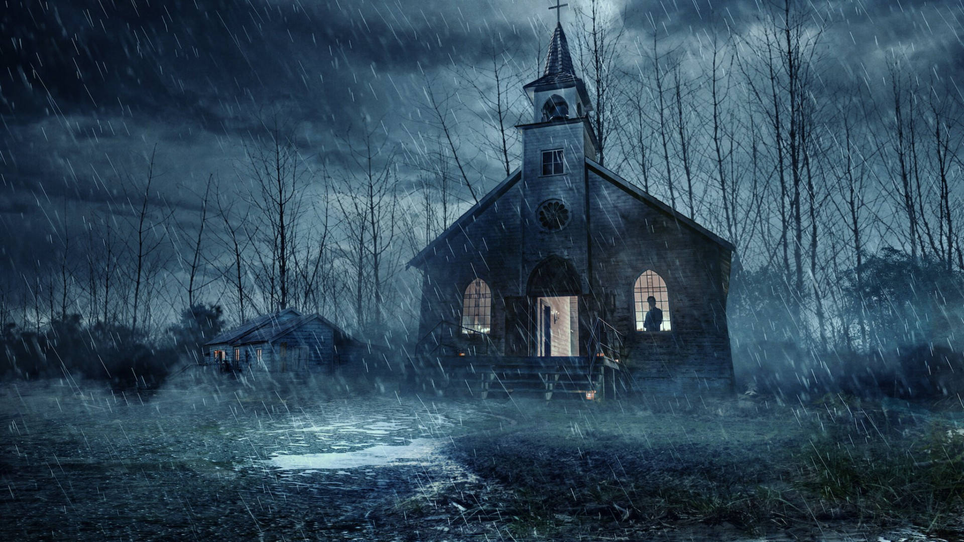 Midnight Mass, chapel, stormy night, Full HD Desktop Wallpaper