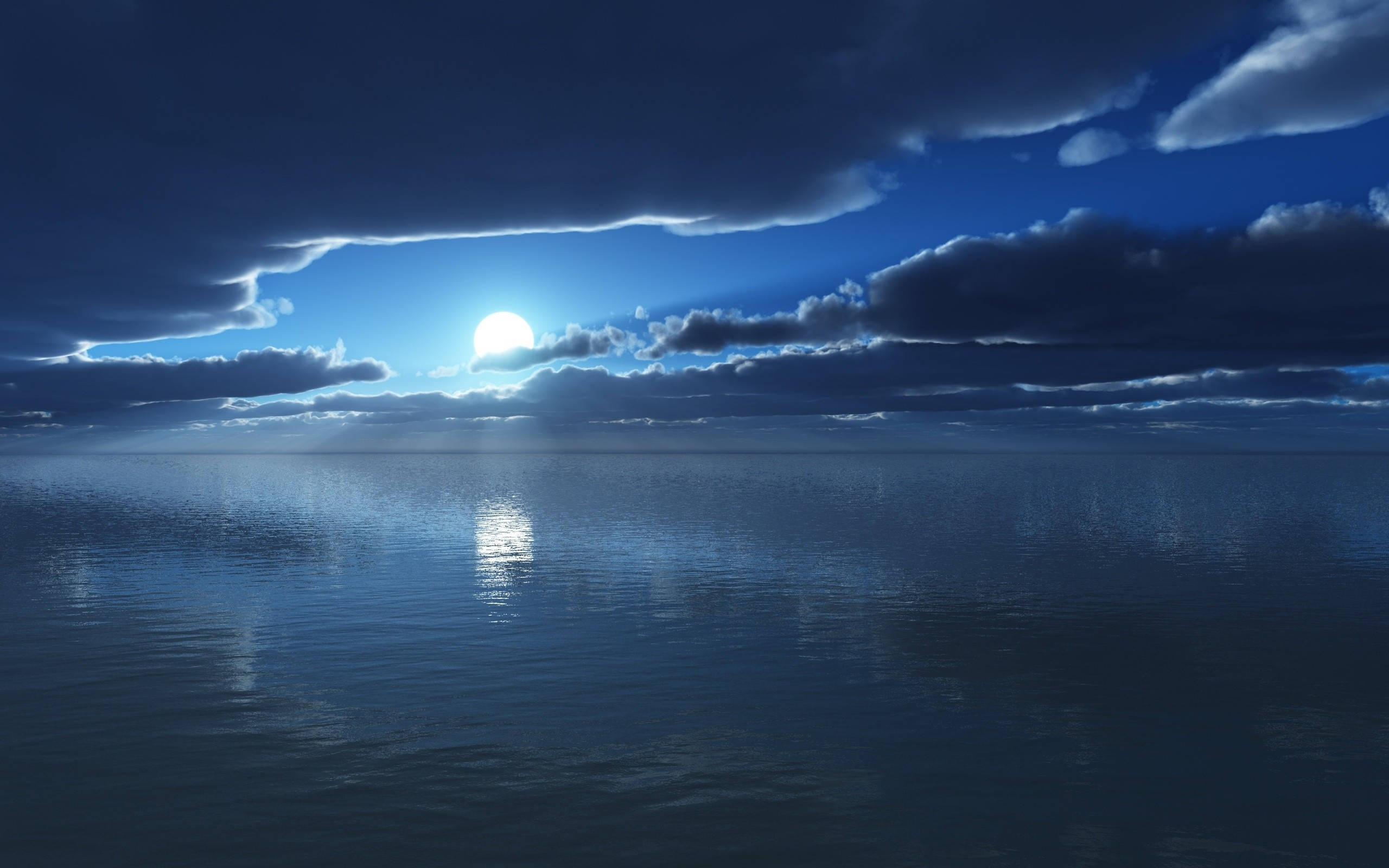 midnight clouds, moonlit ocean, glowing moon, 2K Desktop Wallpaper