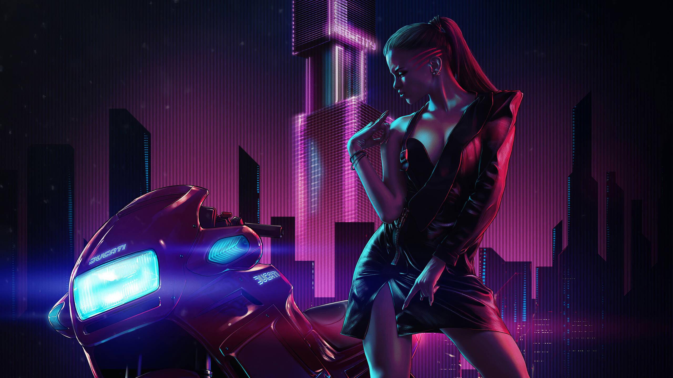 cyberpunk, leather, glowing Ducati motorcycle, 2K Desktop Wallpaper