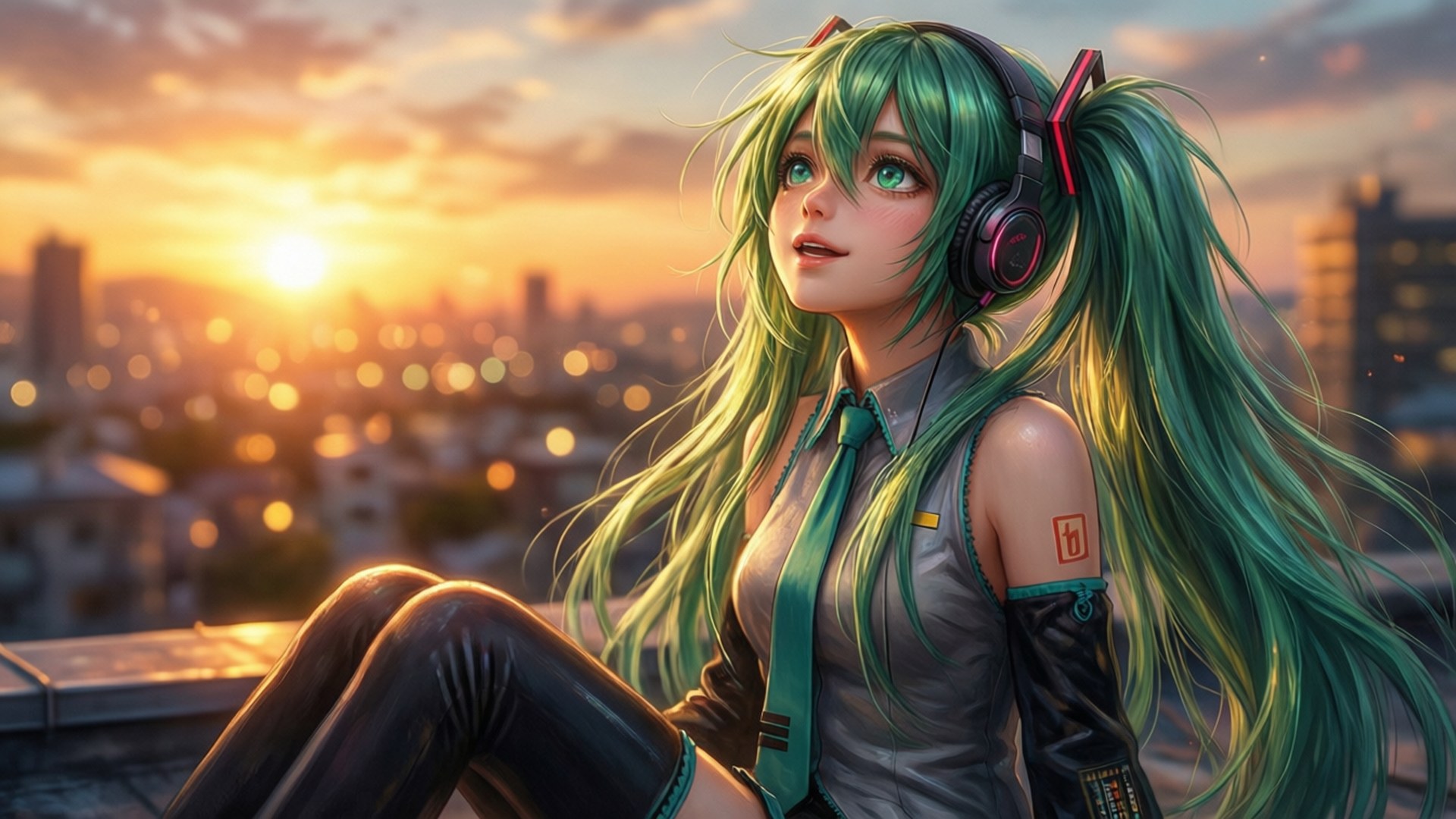 Midori Fuse, sunset, rooftop, Full HD Desktop Wallpaper