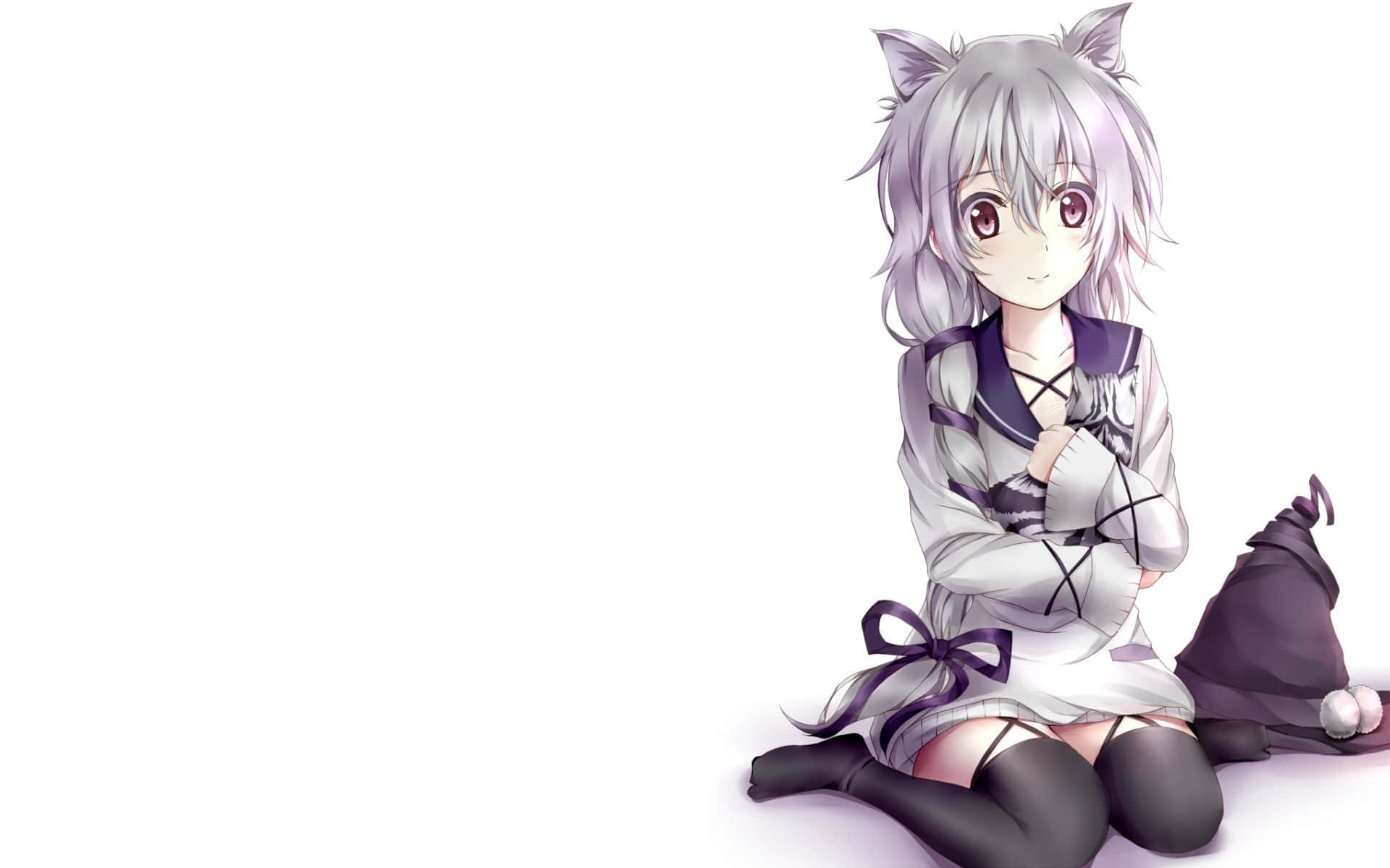 Midori Fuse, silver-haired, cat ears, Full HD Desktop Wallpaper
