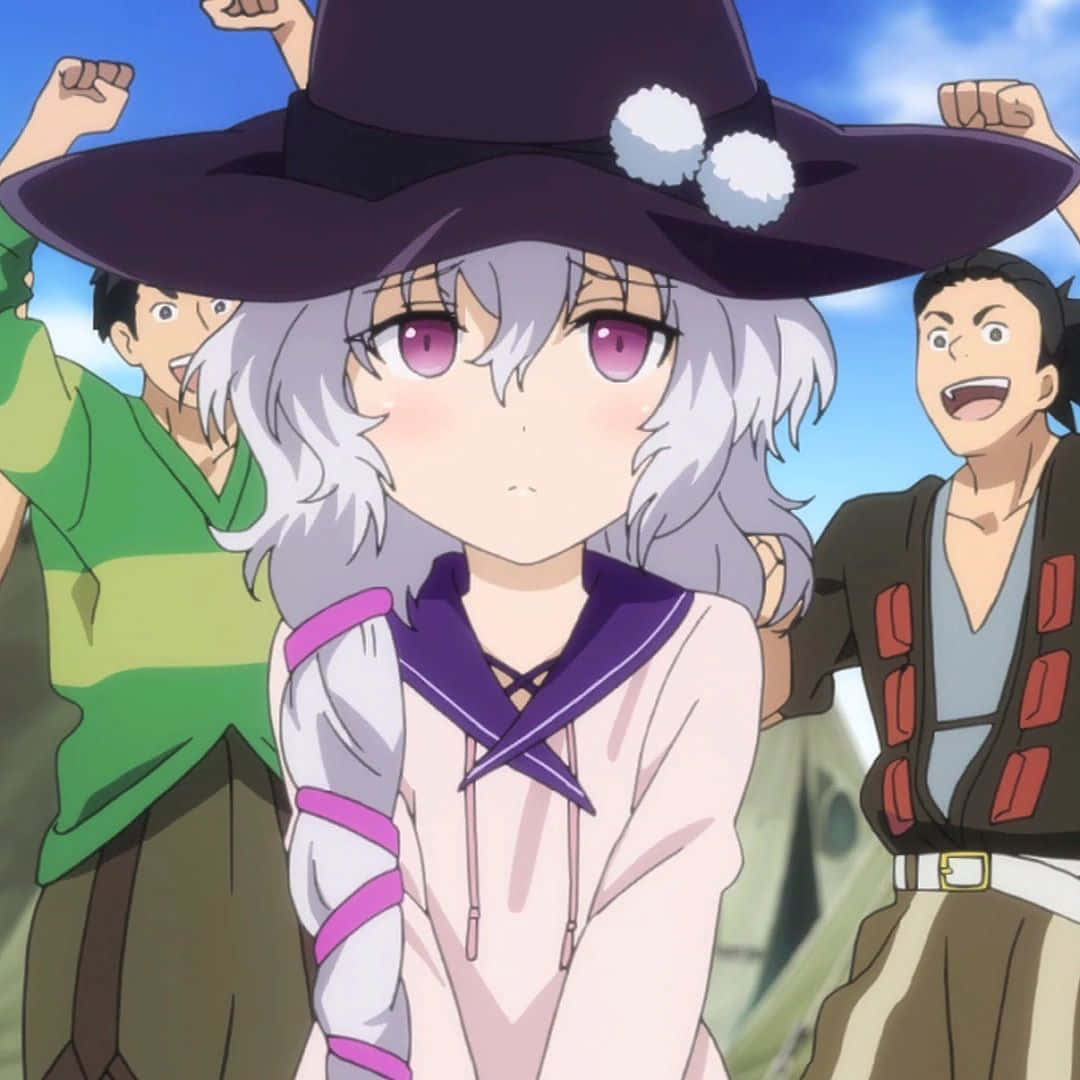 Midori Fuse, silver-haired anime witch, purple hat with white pom-poms, SD Desktop Wallpaper