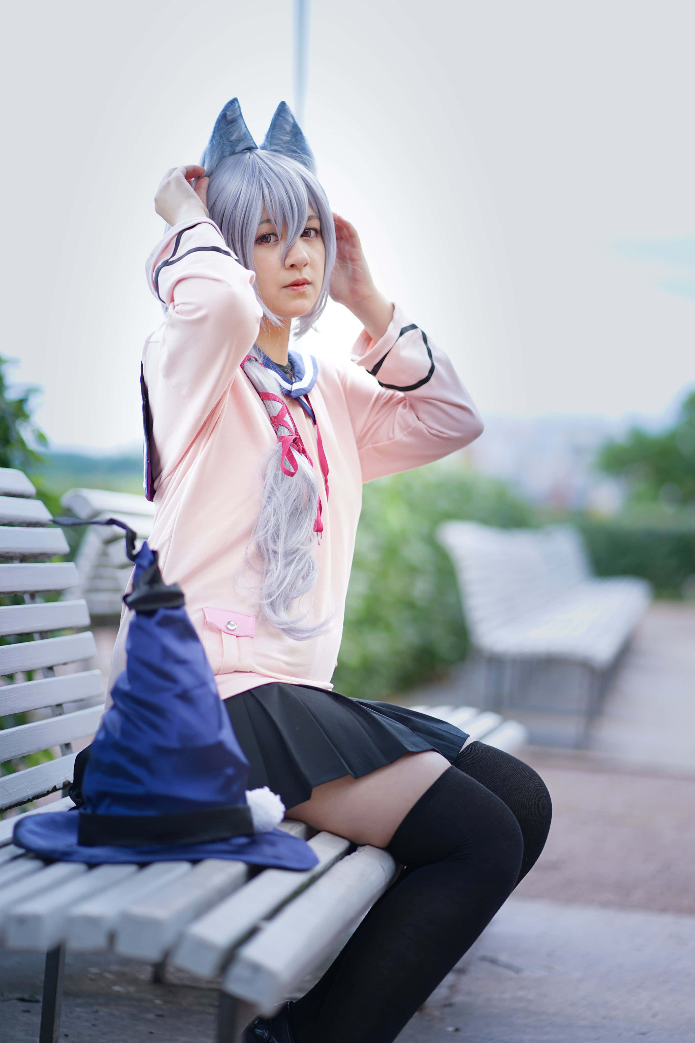 Midori Fuse, wolf-eared cosplay, silver hair, 4K Phone Wallpaper