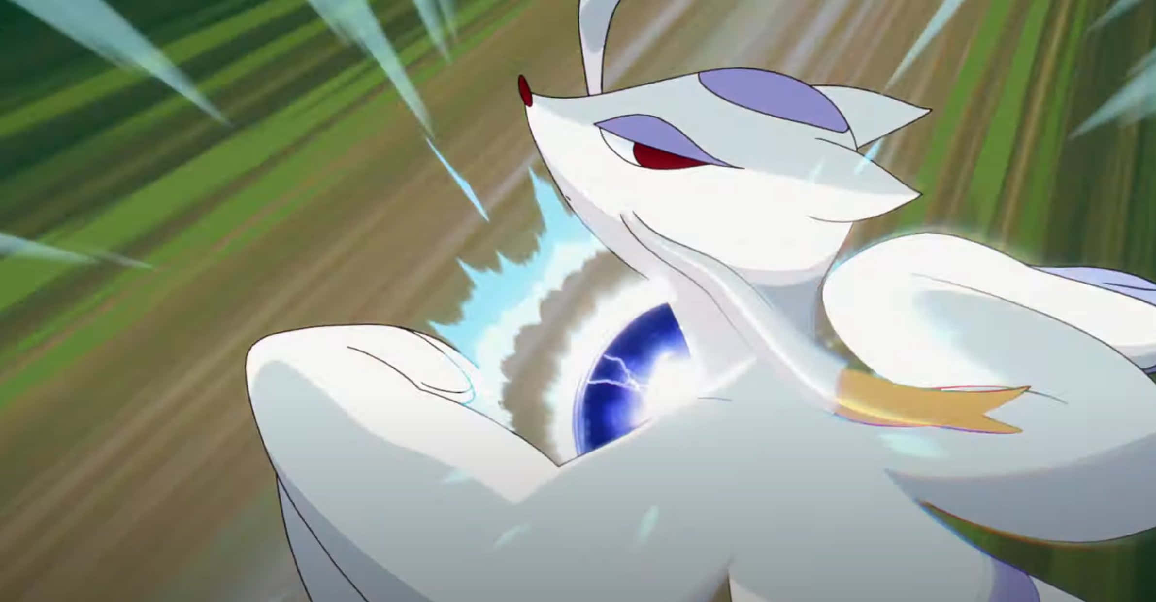 Mienshao, white fox-like, glowing blue eyes, Full HD Desktop Wallpaper