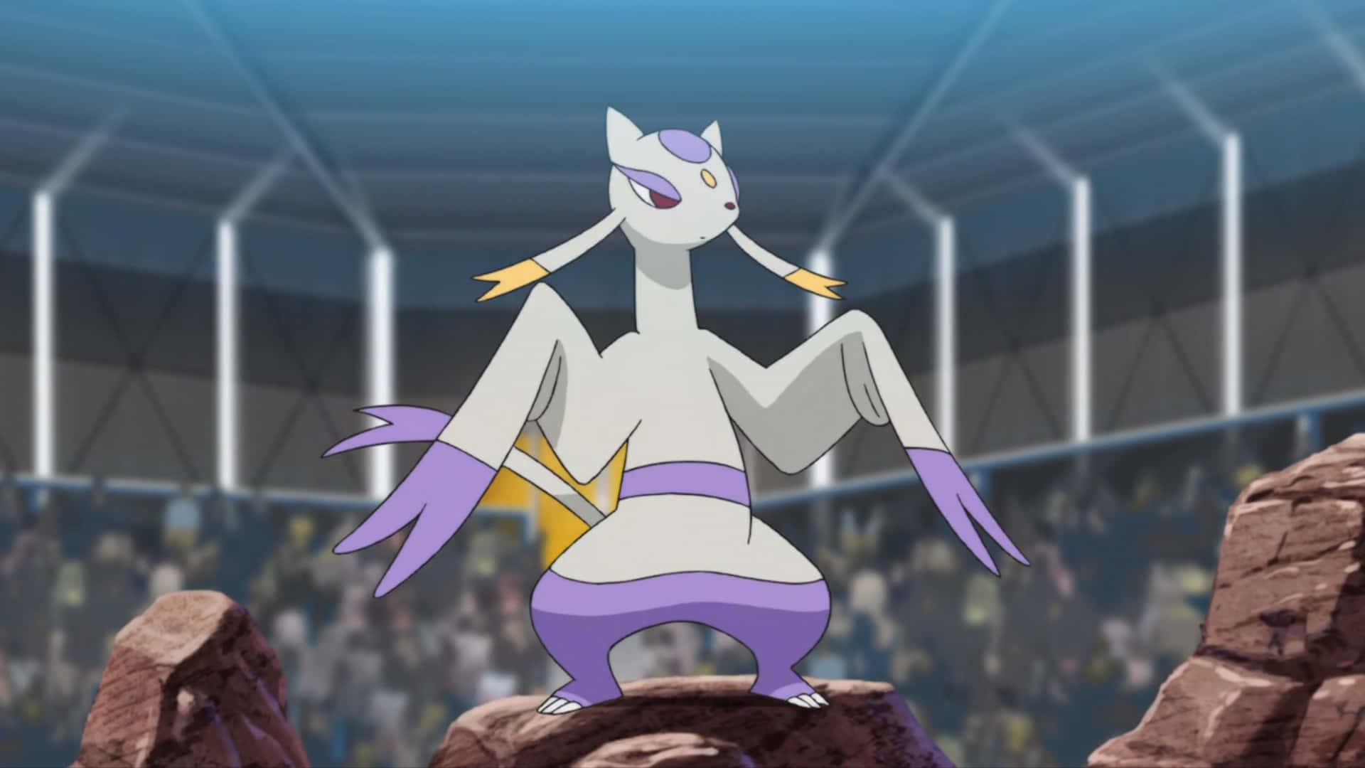 Mienshao, white and purple, rocky terrain, Full HD Desktop Wallpaper