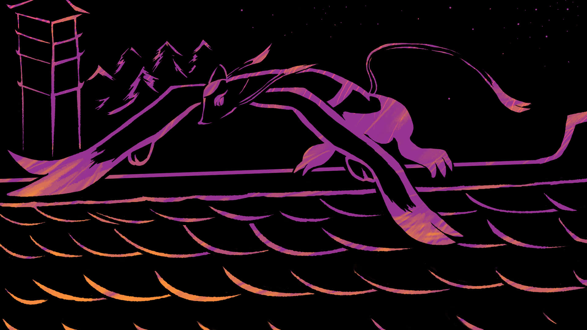 Mienshao, purple fox, glowing orange wave, Full HD Desktop Wallpaper