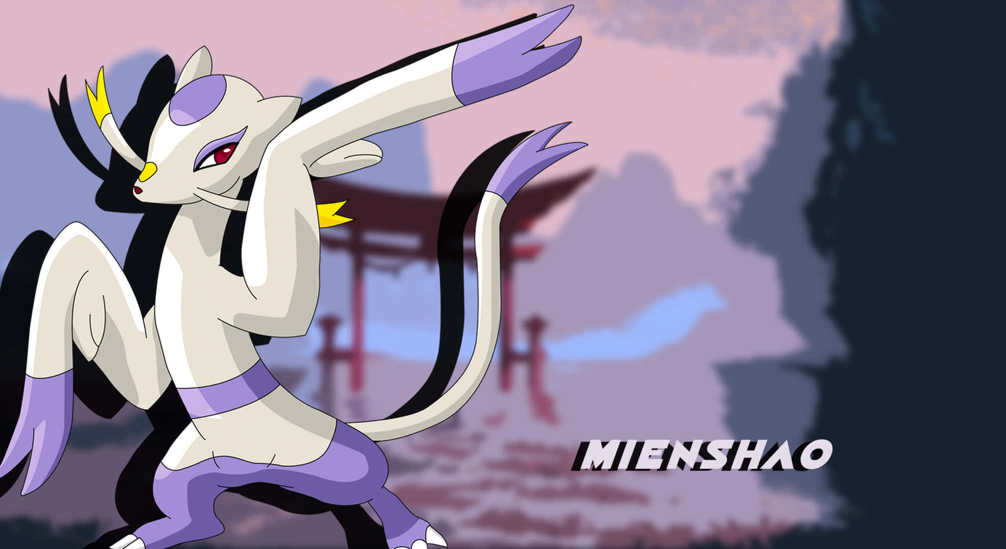 Mienshao, twilight shrine, pink and purple hues, Full HD Desktop Wallpaper