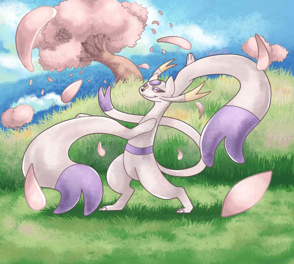Mienshao, cherry blossoms, white and purple fox-like creature, SD Desktop Wallpaper