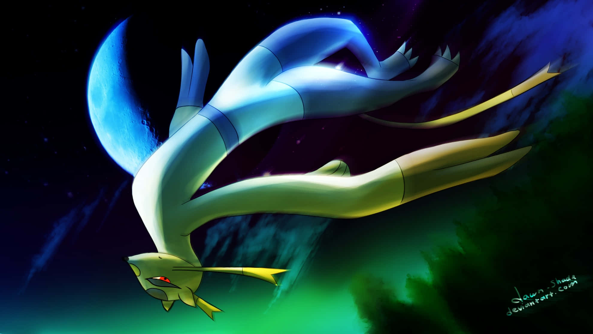 Mienshao, glowing blue and yellow, dragon-like creature, Full HD Desktop Wallpaper