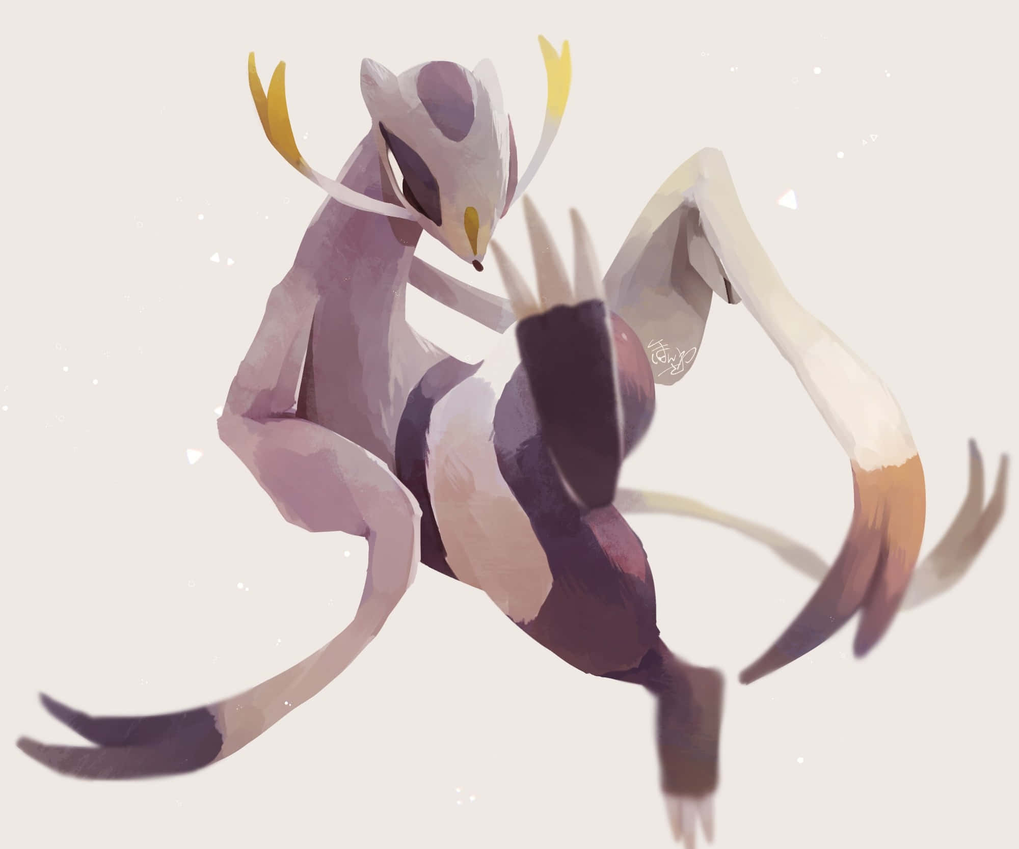 Mienshao, purple and white fur, yellow horns, Full HD Desktop Wallpaper
