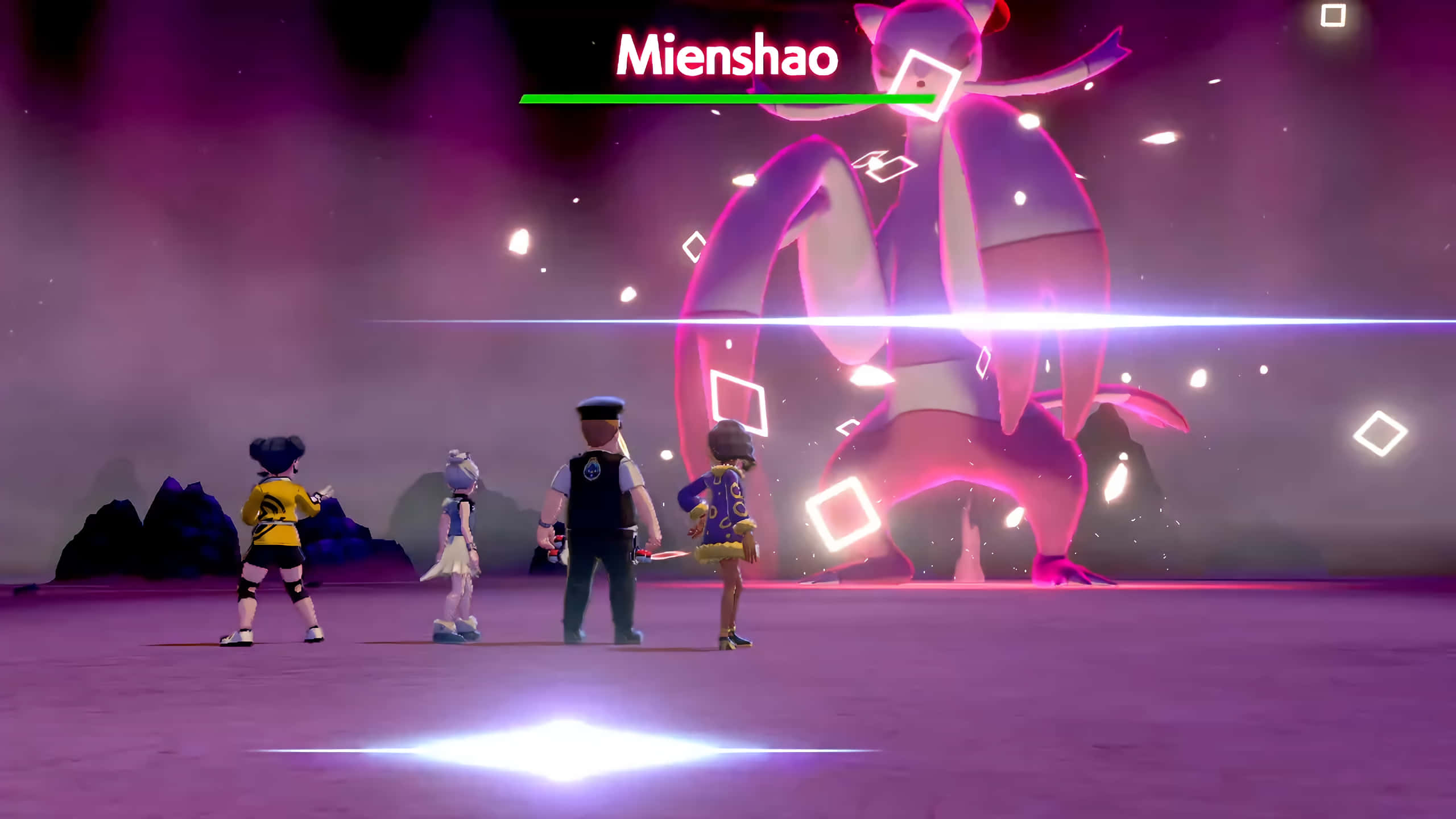 Mienshao, glowing pink Mienshao, purple-hued battle arena, 2K Desktop Wallpaper