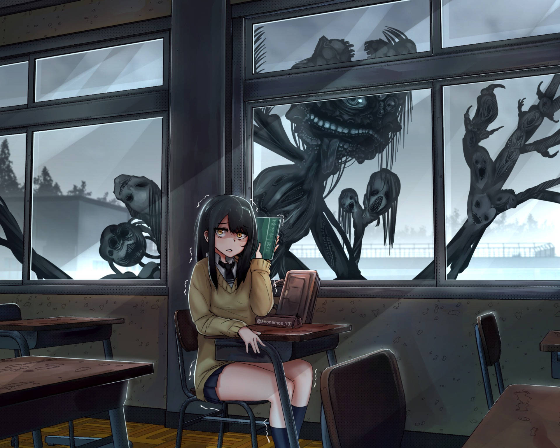 Mieruko Chan, monsters, classroom, Full HD Desktop Wallpaper