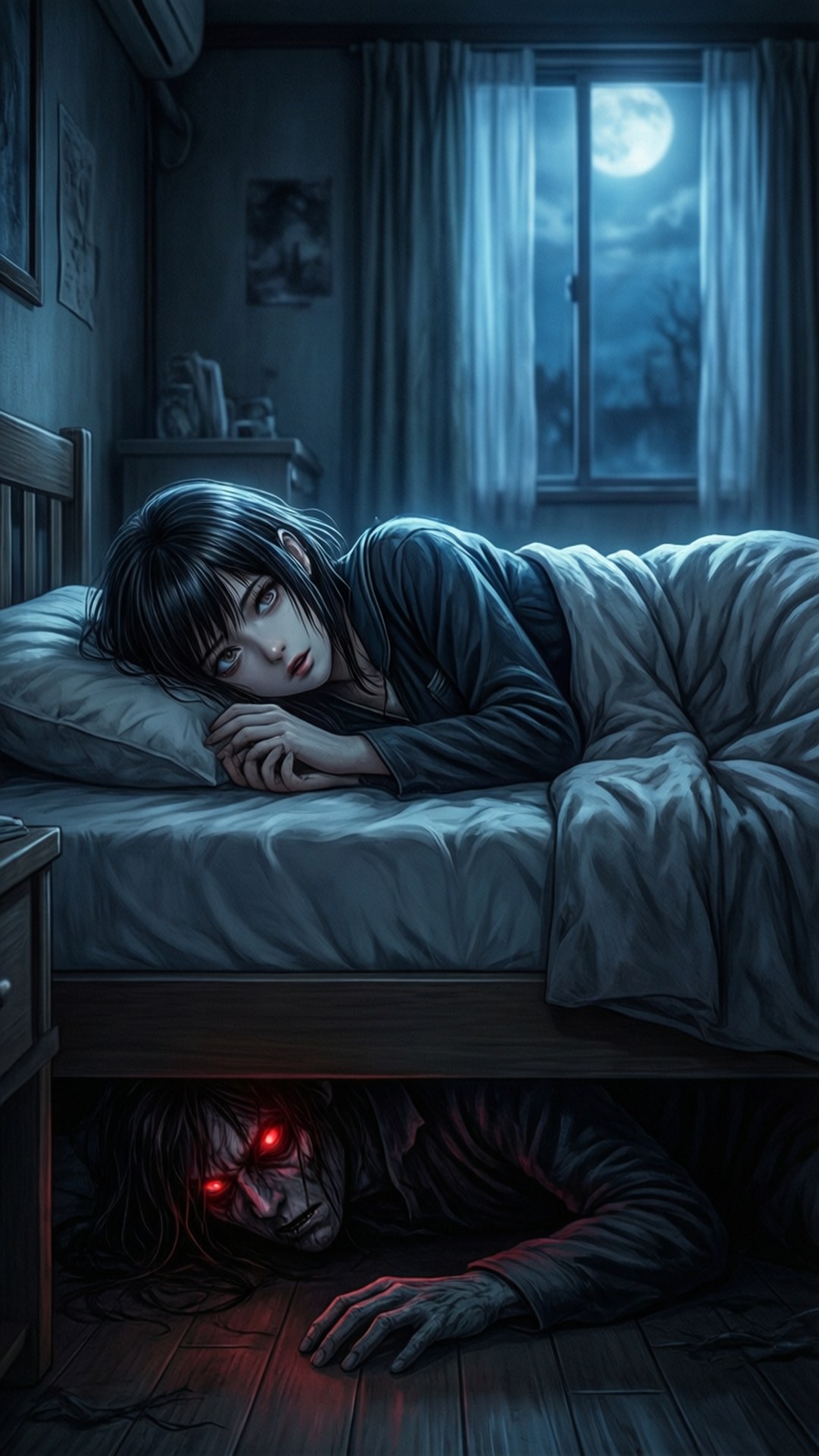 Mieruko chan, red-eyed horror, moonlit window, Full HD Phone Wallpaper
