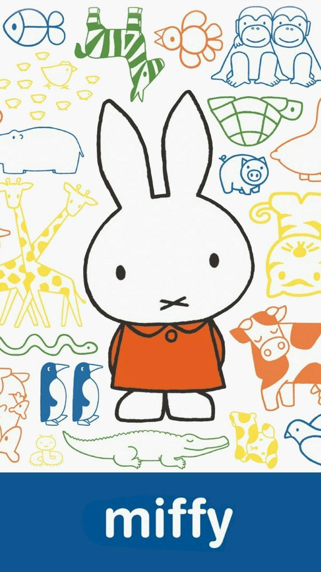 Miffy, orange dress, colorful outlined animals, Full HD Phone Wallpaper
