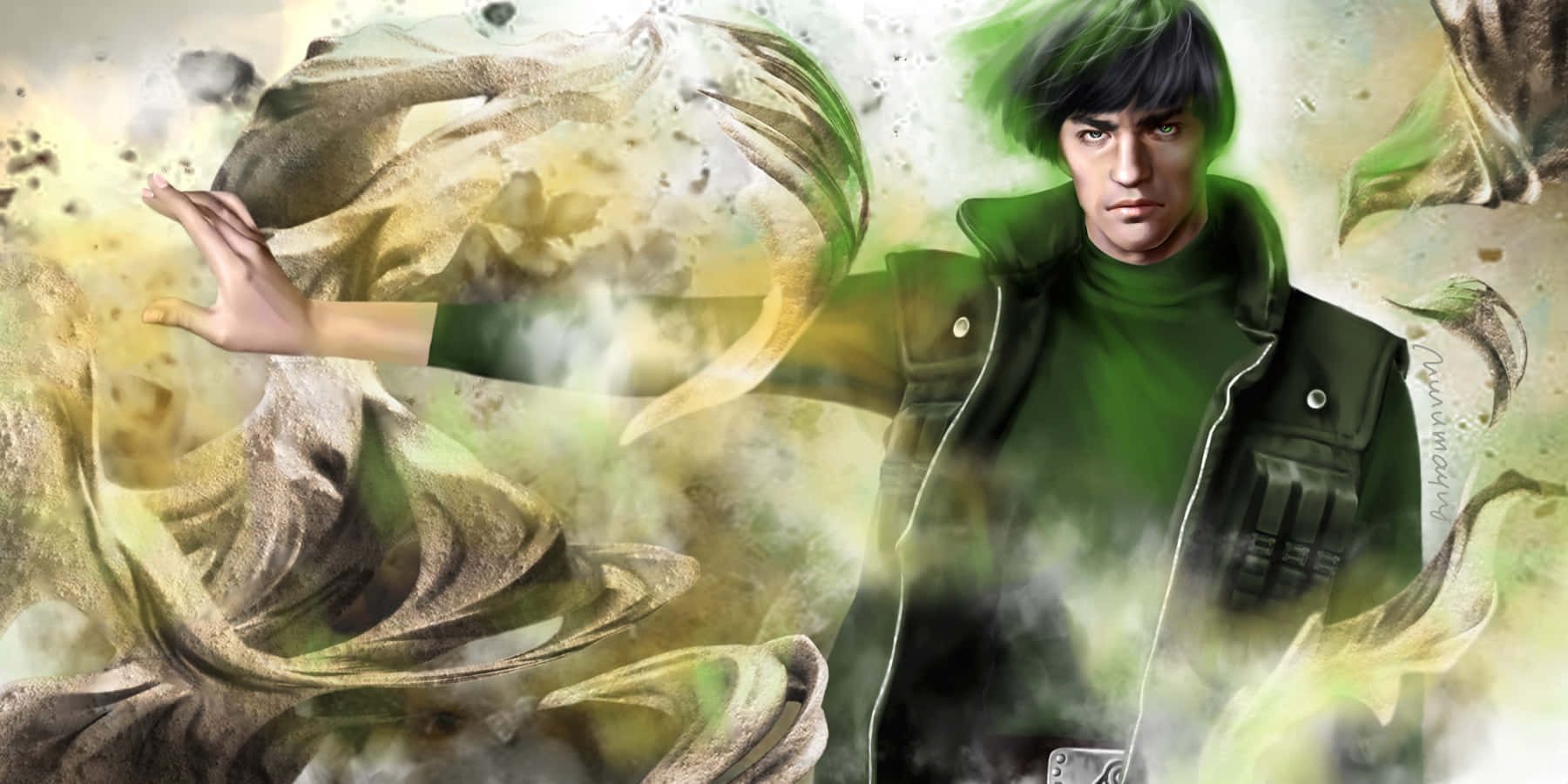Might Guy, green hair, green and gold energy, HD Desktop Wallpaper