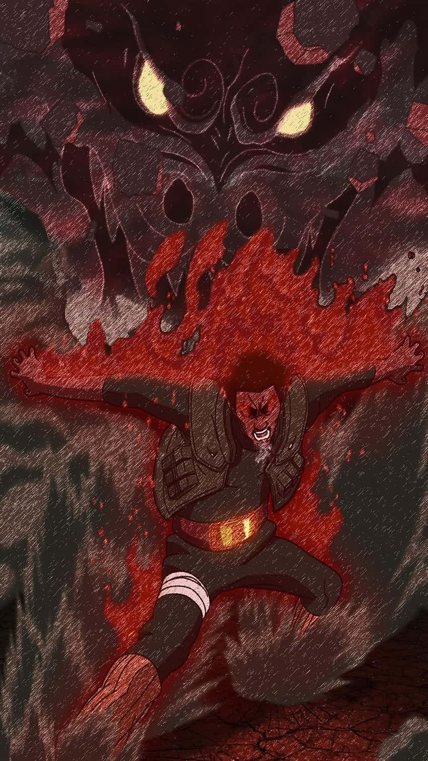 Might Guy, fiery red chakra, looming shadowy demon, HD Phone Wallpaper