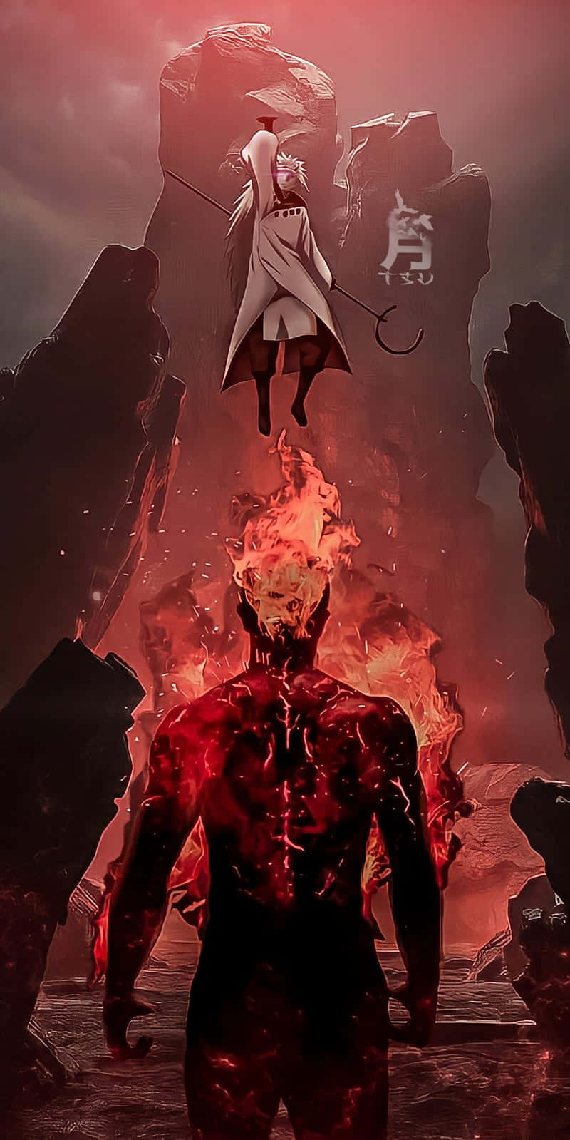 Might Guy, fiery red anime character, floating white-robed figure, HD Phone Wallpaper