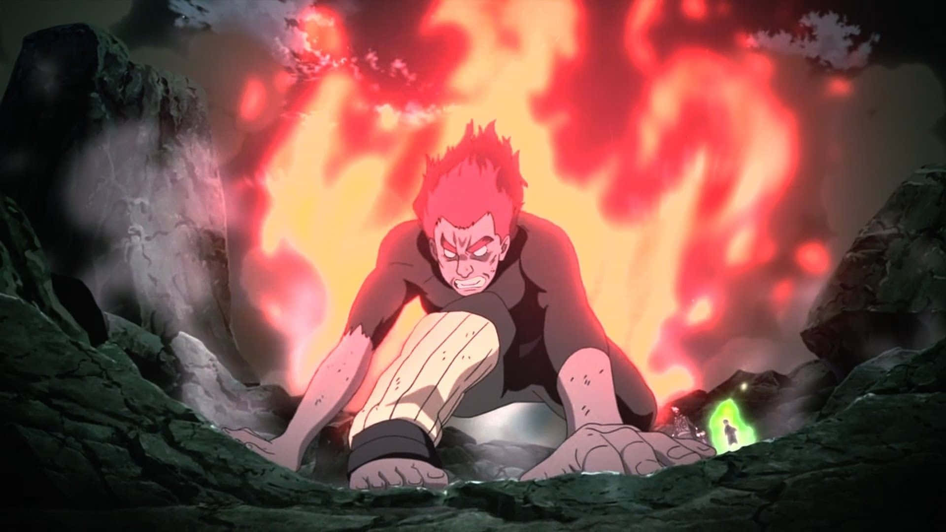 Might Guy, red hair, rocky crevice, Full HD Desktop Wallpaper