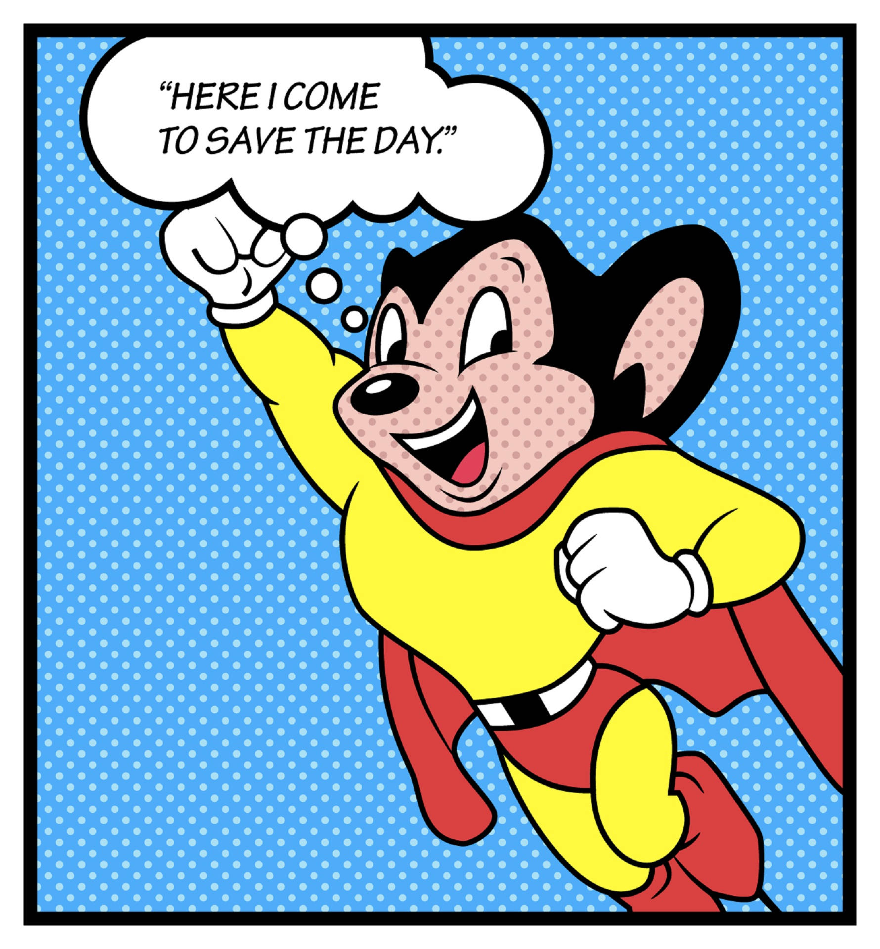 Mighty Mouse, yellow and red costume, speech bubble, Full HD Phone Wallpaper