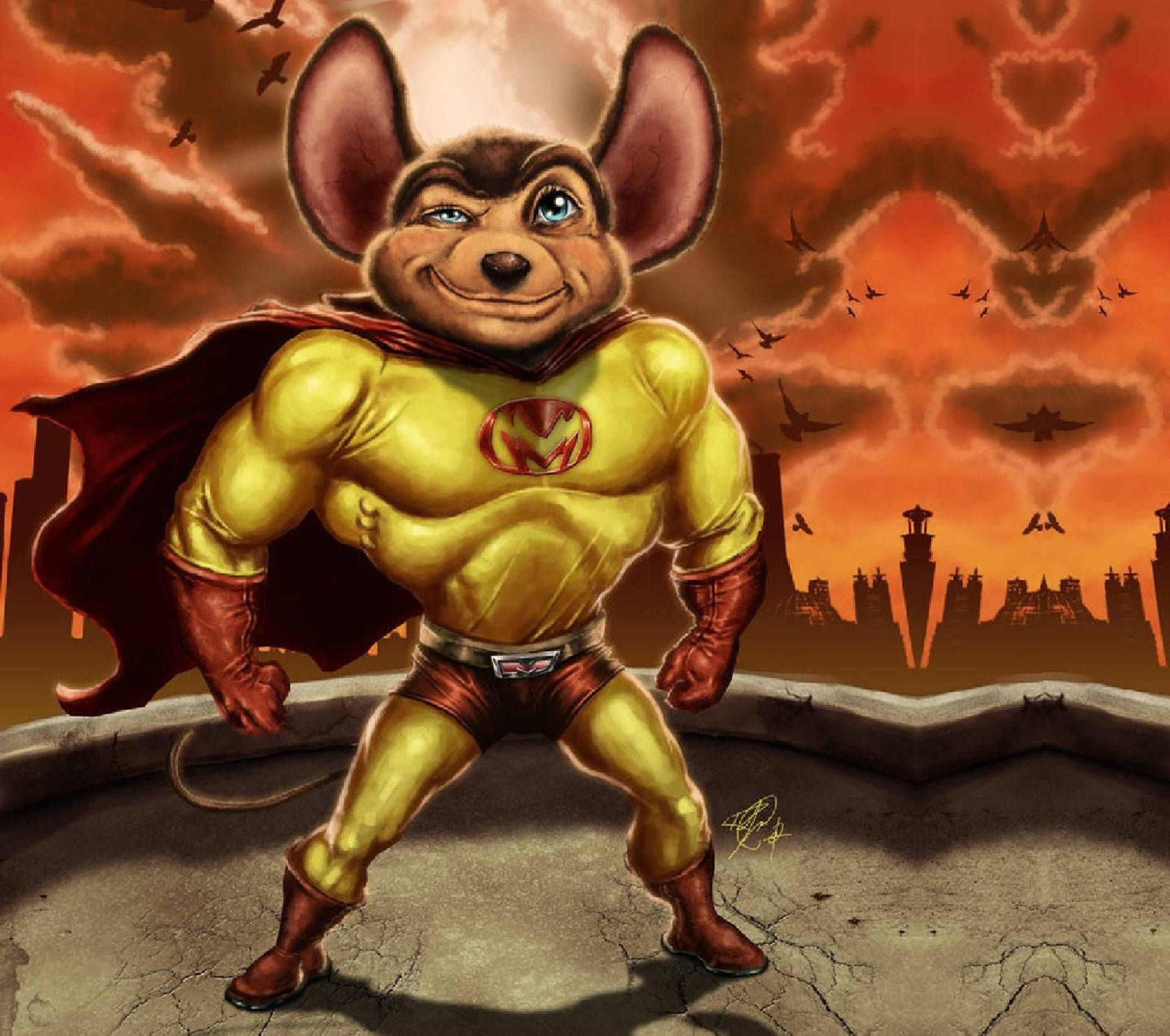 Mighty Mouse, yellow suit, red cape, Full HD Desktop Wallpaper